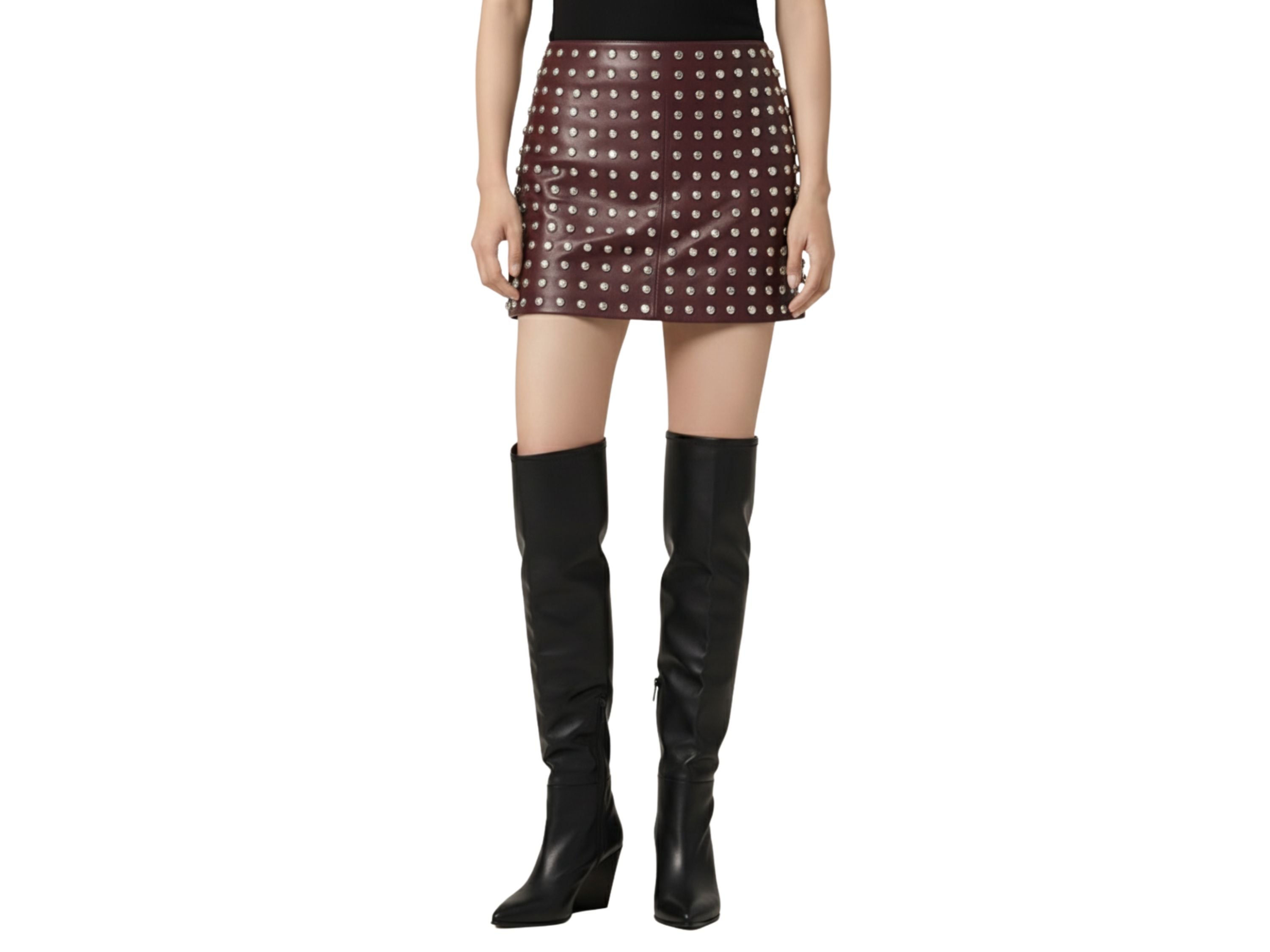 Leather Skirt Silver Studded Style | Black, Red & Burgundy Lambskin Mini Skirt | Women’s Luxury Fall Fashion & Christmas Gift by Eighty Seven Groups