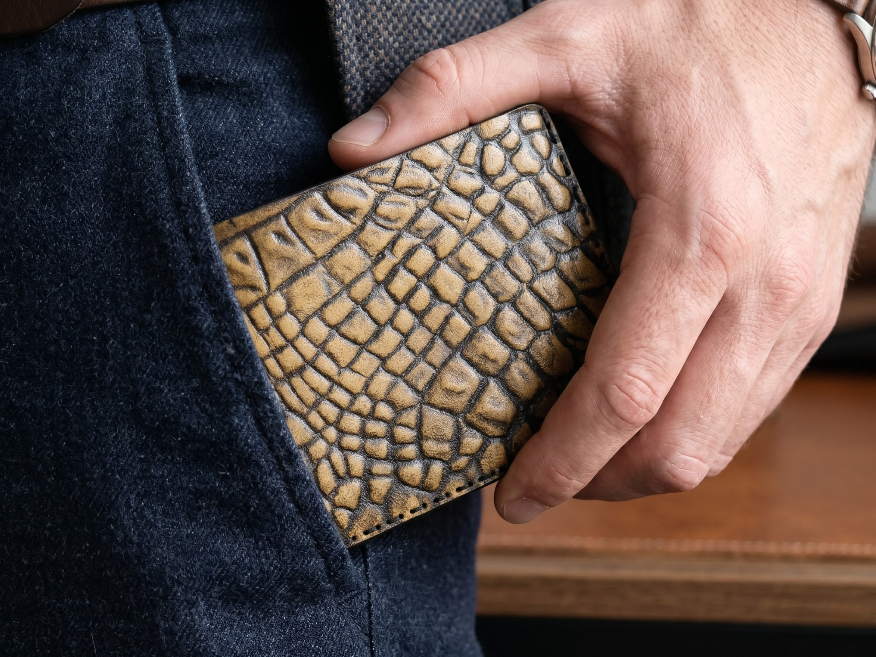 Customized handmade crocodile leather wallet for mens boyfriend gift bifold slim card holder engraved wallets birthday gifts for him