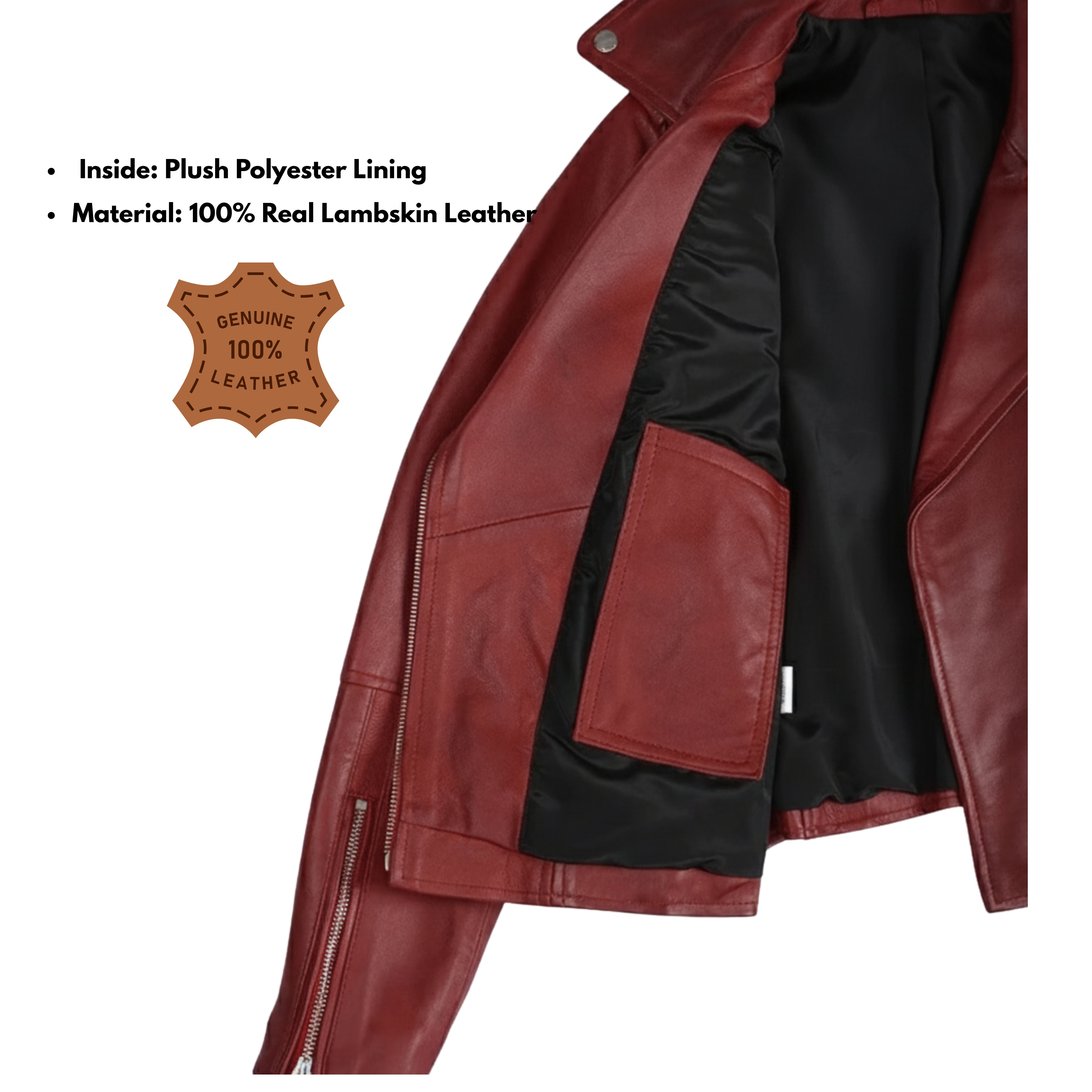 Women’s Real Lambskin Leather Biker Jacket – Asymmetrical Belted Moto Style in Red