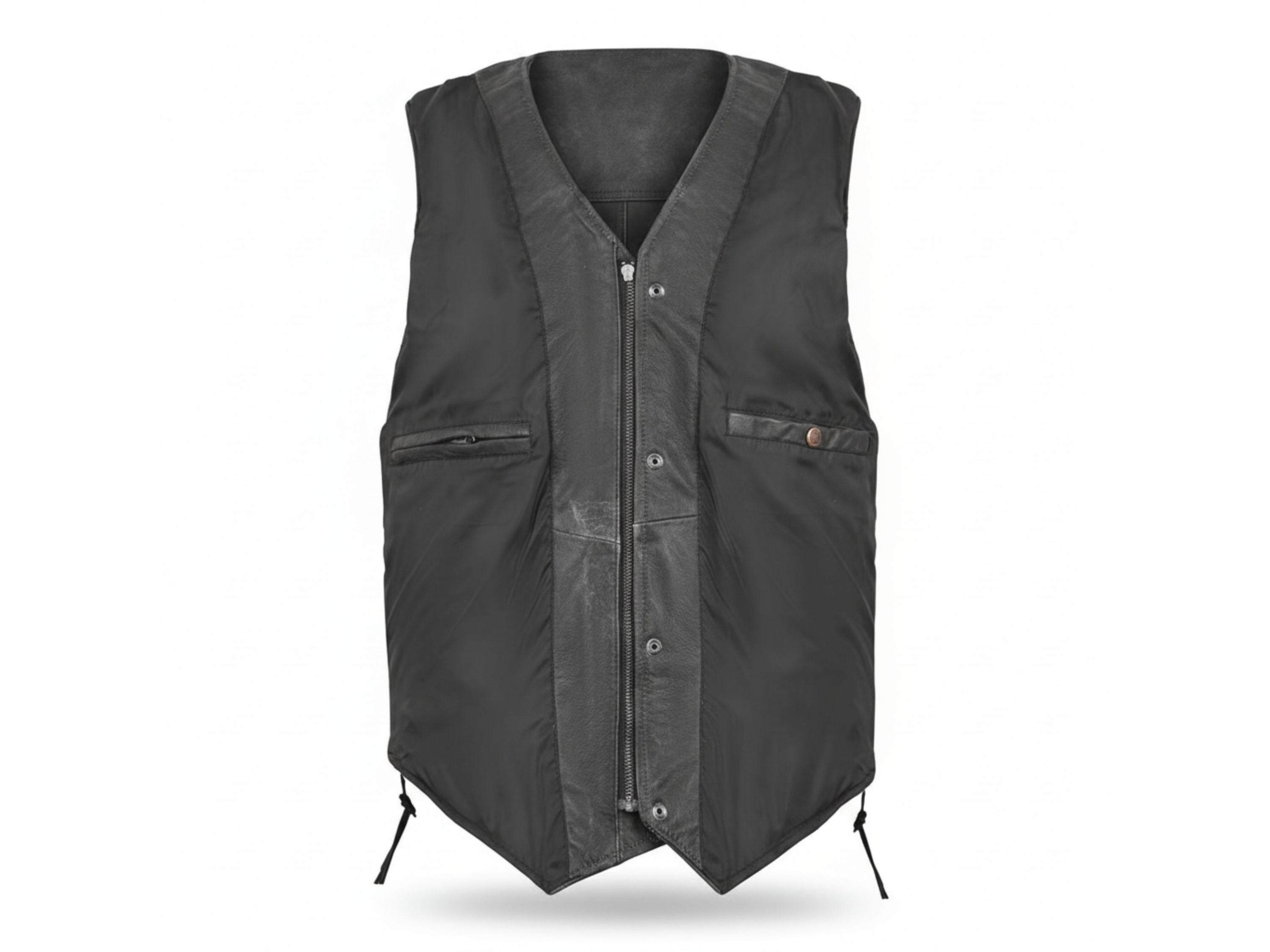 Black Distressed Leather vest with stud buttons and hidden zip outlaw biker vest