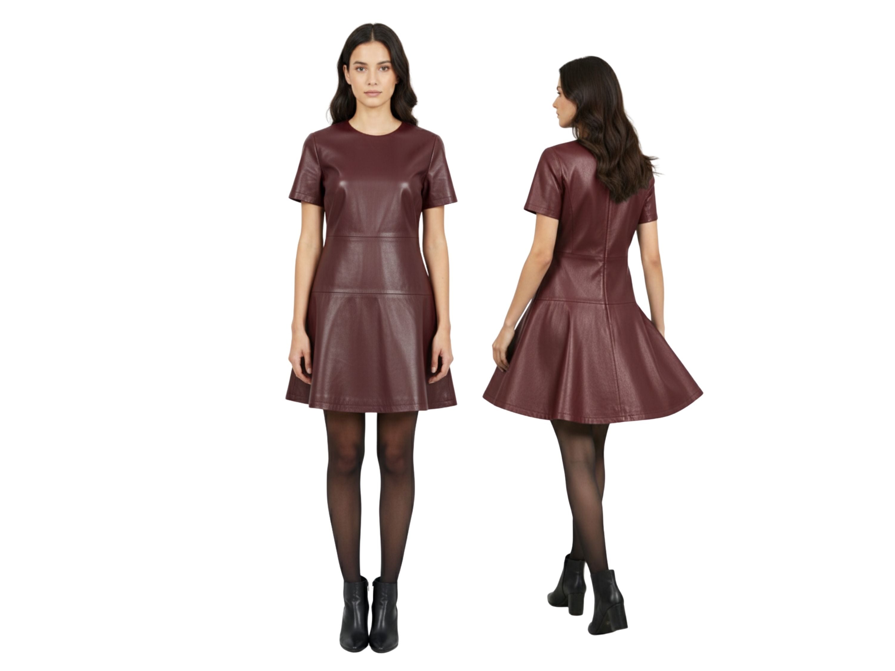 Leather Skater Dress for Women – Handmade Genuine Leather Party Dress | Luxury Gift for Her | Black, Red & Burgundy