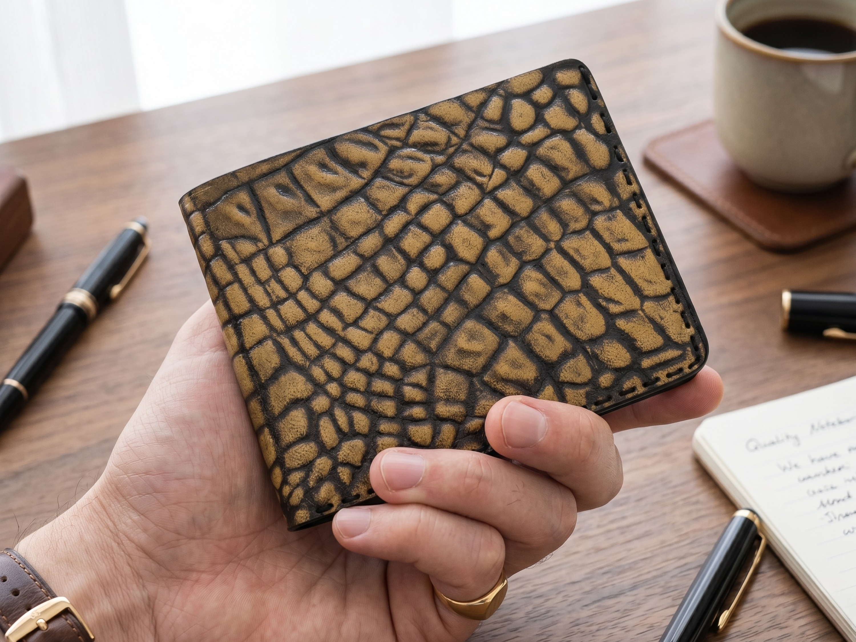 Customized handmade crocodile leather wallet for mens boyfriend gift bifold slim card holder engraved wallets birthday gifts for him