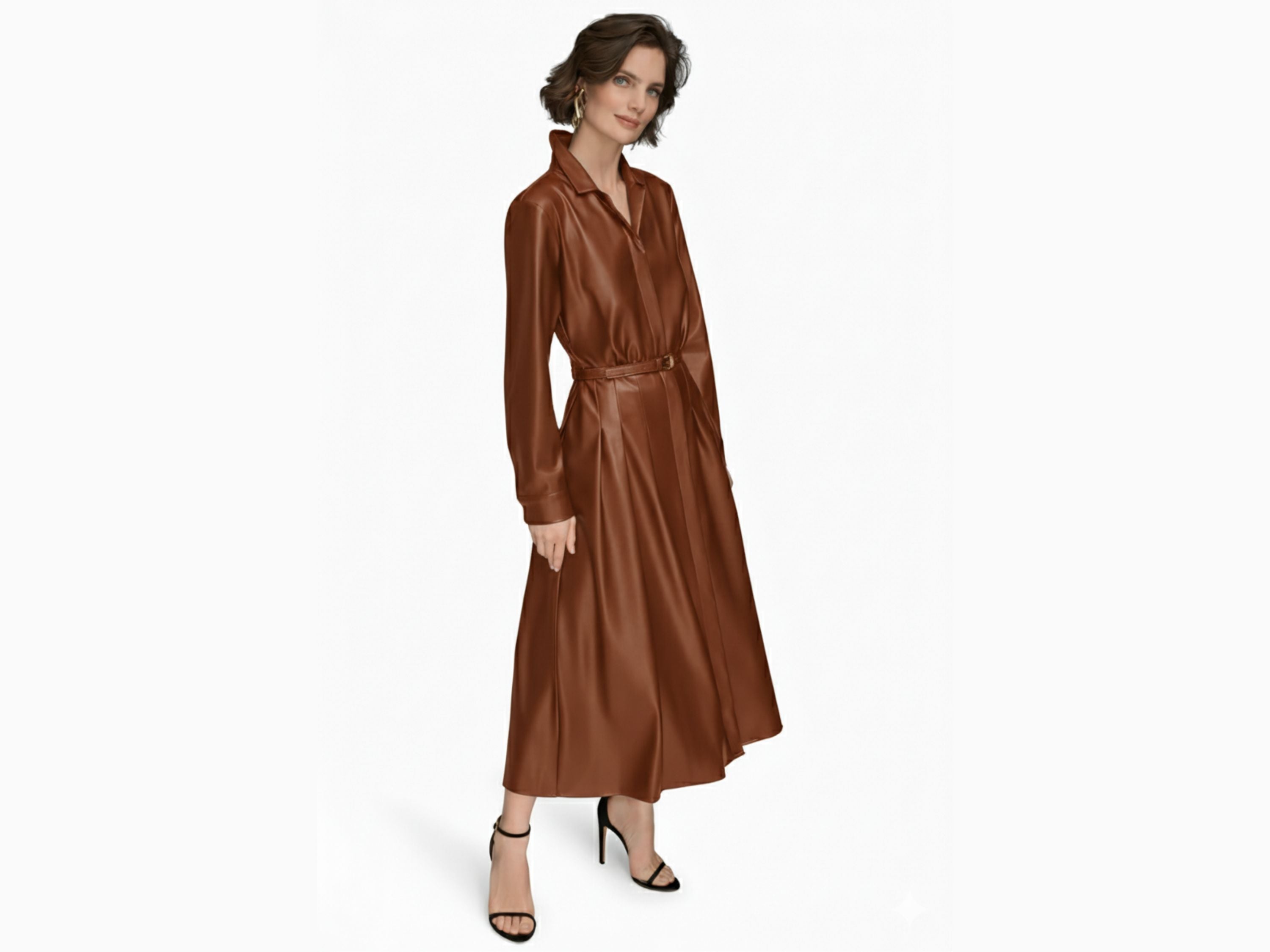 Leather Midi Shirt Dress – Black & Brown | Unique Women Style | Fall Style Gifts | Luxury Leather Anniversary Gifts for Her