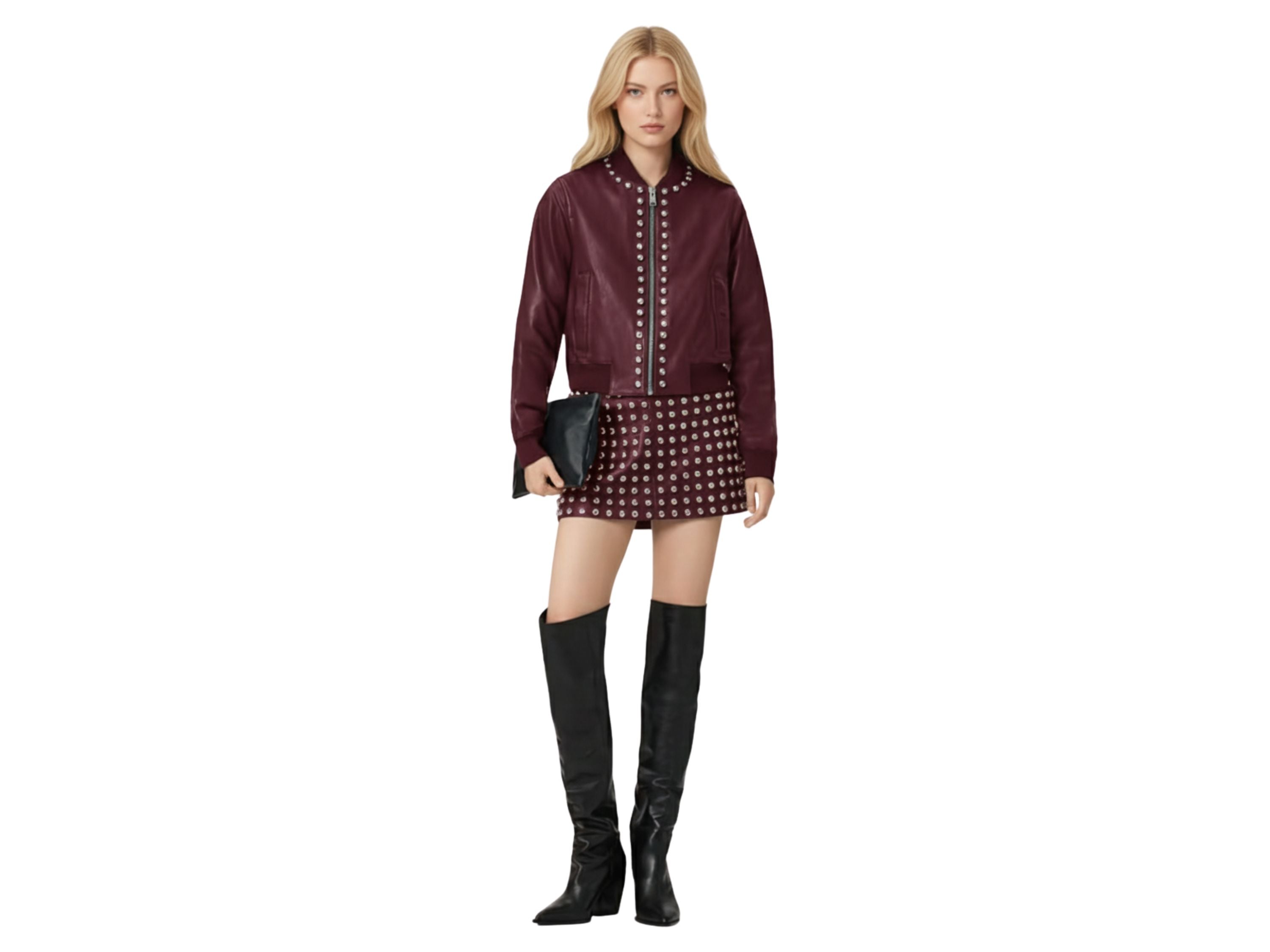 Leather Skirt Silver Studded Style | Black, Red & Burgundy Lambskin Mini Skirt | Women’s Luxury Fall Fashion & Christmas Gift by Eighty Seven Groups