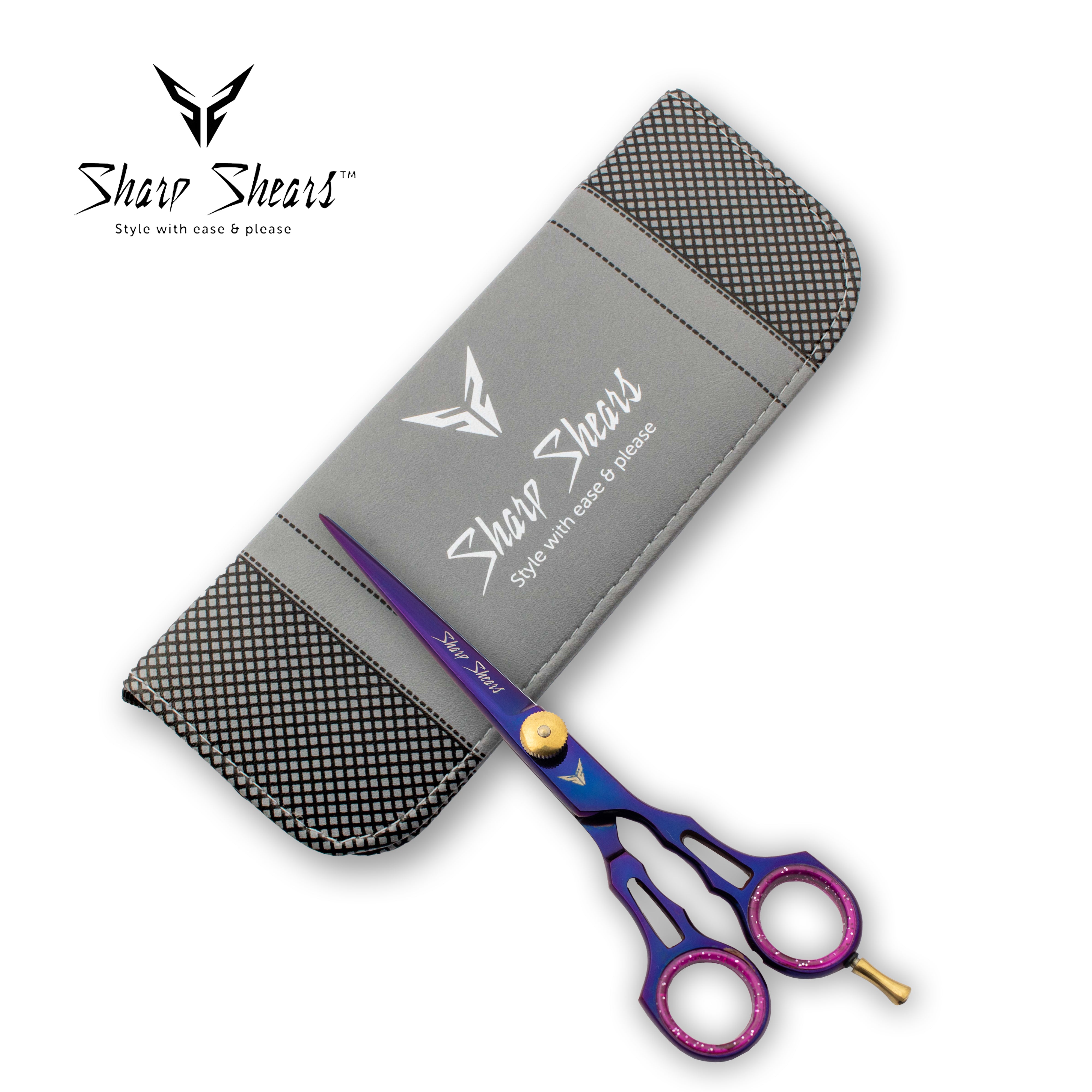 Blue and purple hair shears with a gray case on a white background, featuring the 'Sharp Shears' brand.