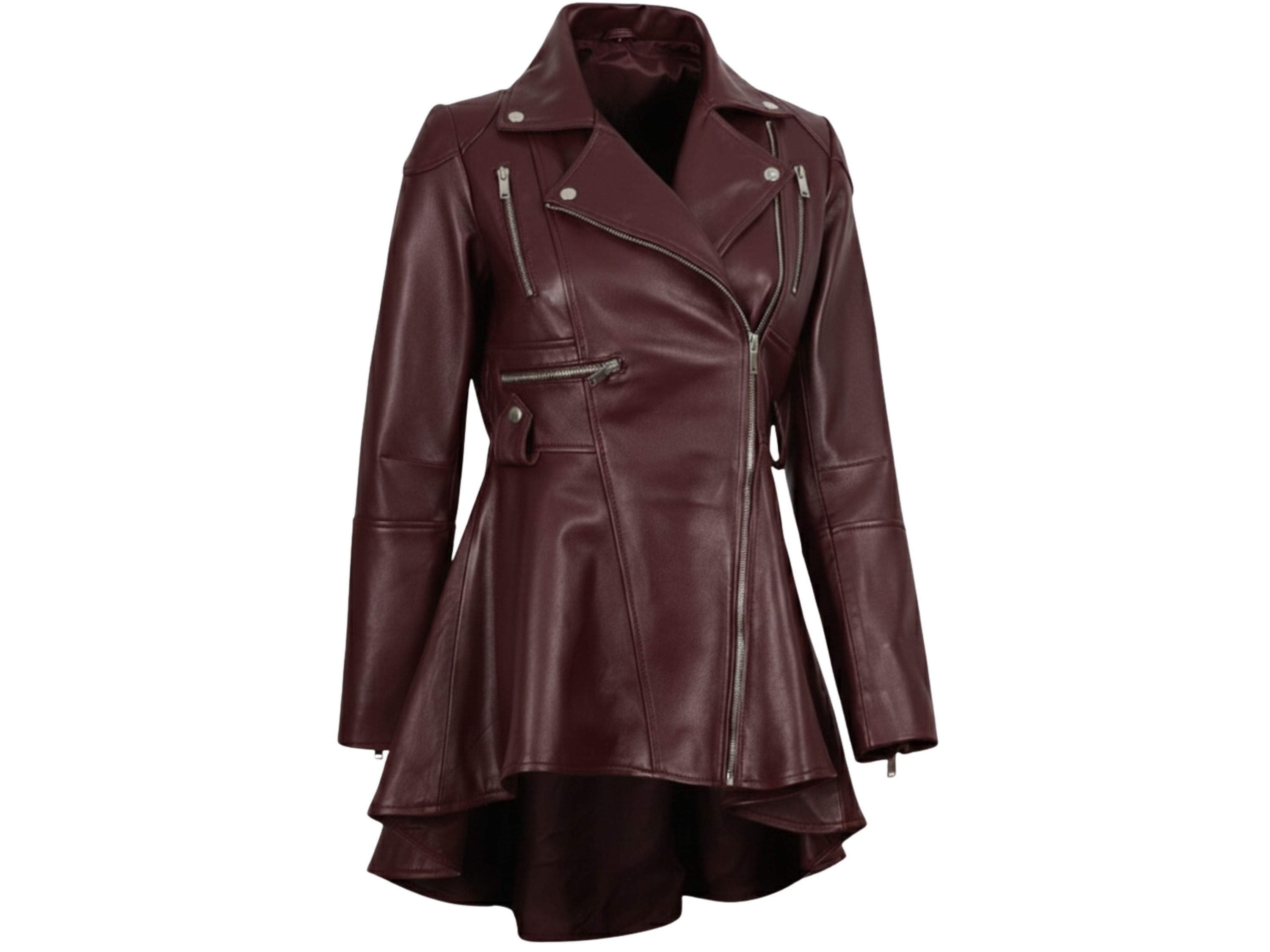 Women’s Real Lambskin Leather Peplum Jacket – Burgundy Frock Style, Asymmetrical Zip