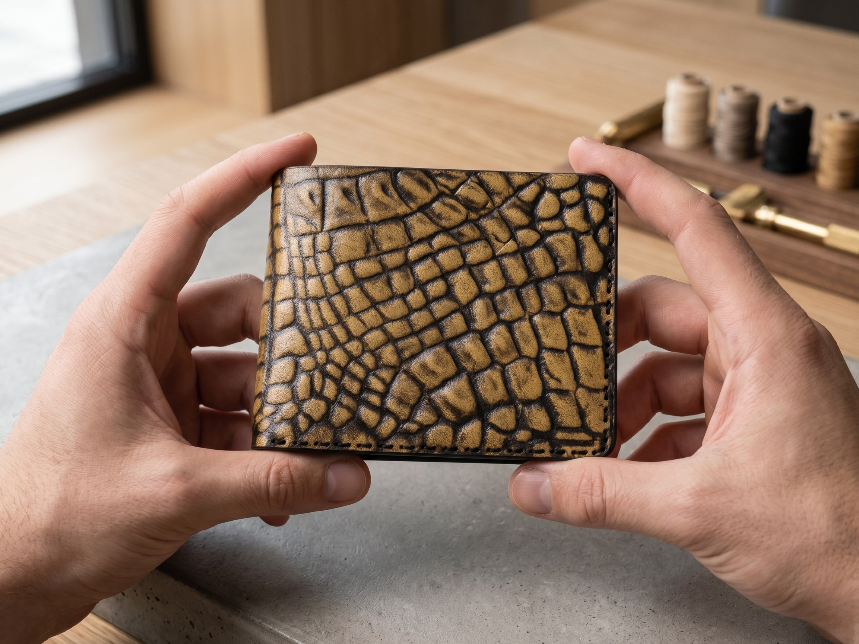 Customized handmade crocodile leather wallet for mens boyfriend gift bifold slim card holder engraved wallets birthday gifts for him