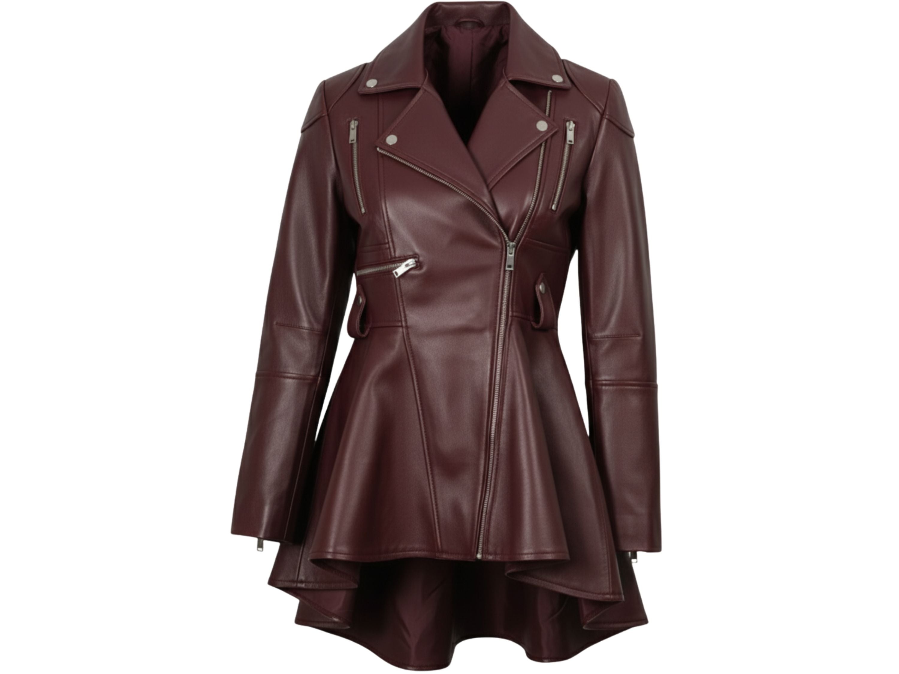 Women’s Real Lambskin Leather Peplum Jacket – Burgundy Frock Style, Asymmetrical Zip