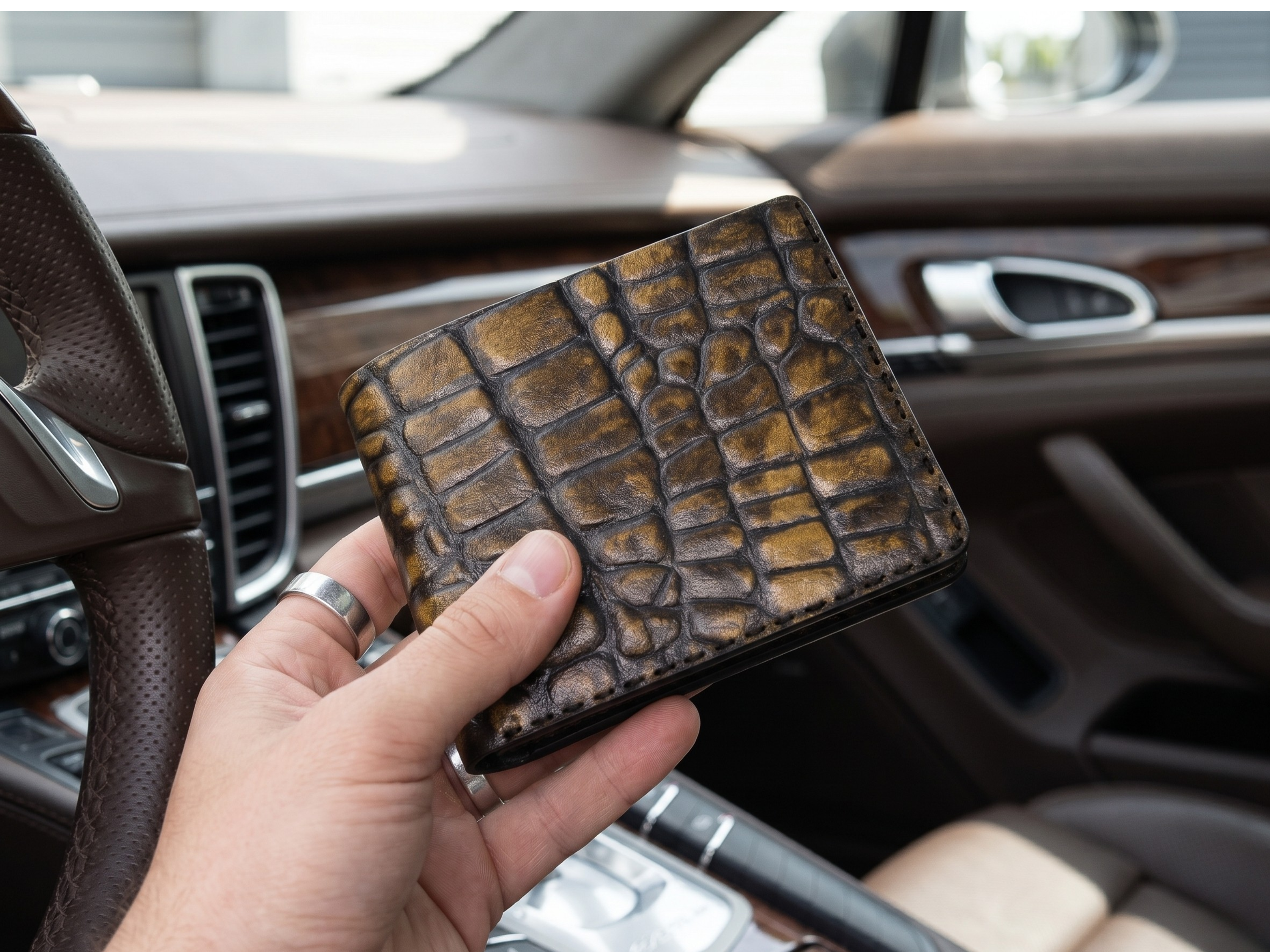 Crocodile leather handmade wallet for mens husband gift bifold slim card holder with key chain engraved wallets anniversary gifts for him