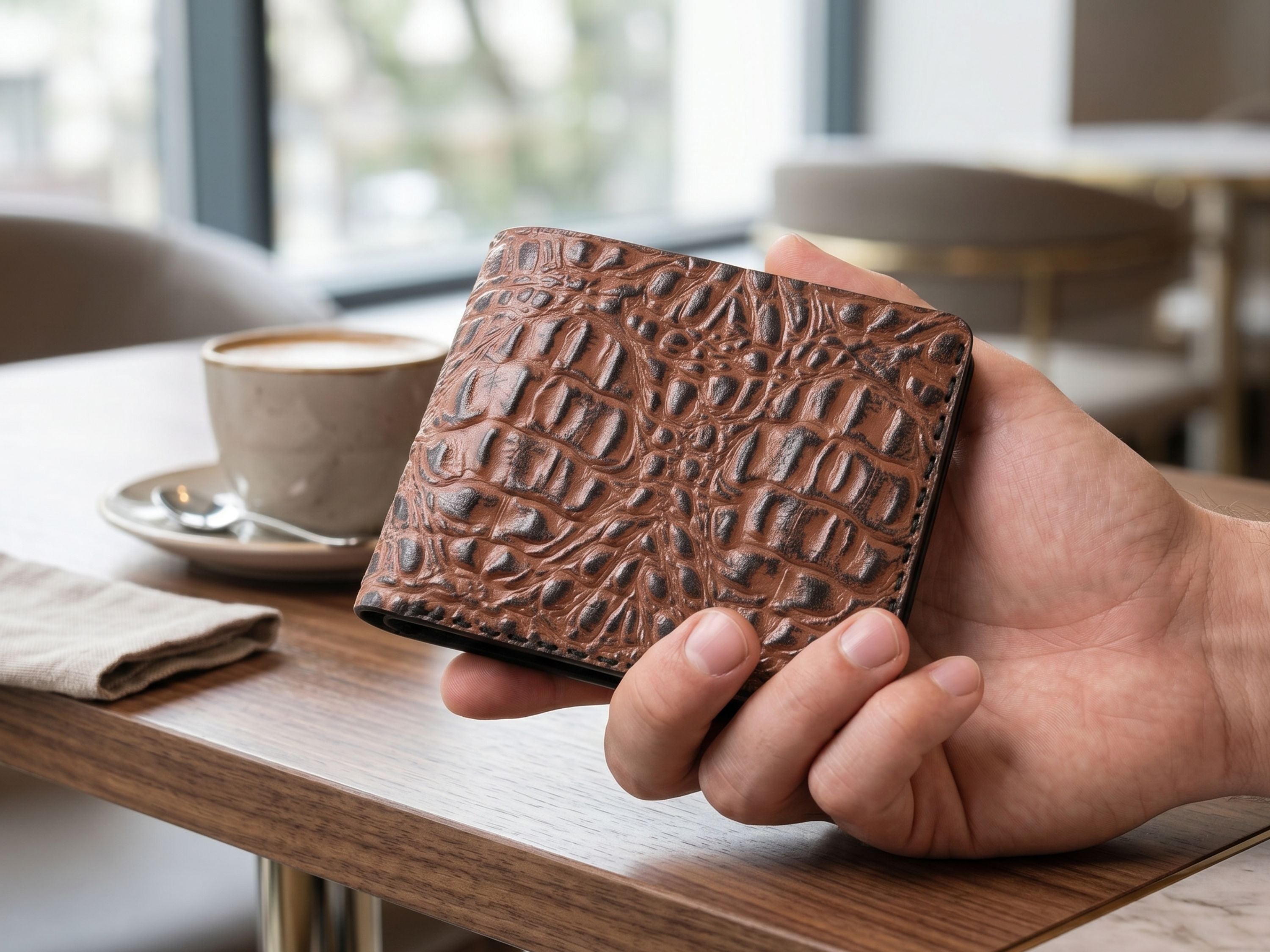 Engraved handmade crocodile leather wallet for men's teachers gift bifold slim card holder engraved wallets gifts for him