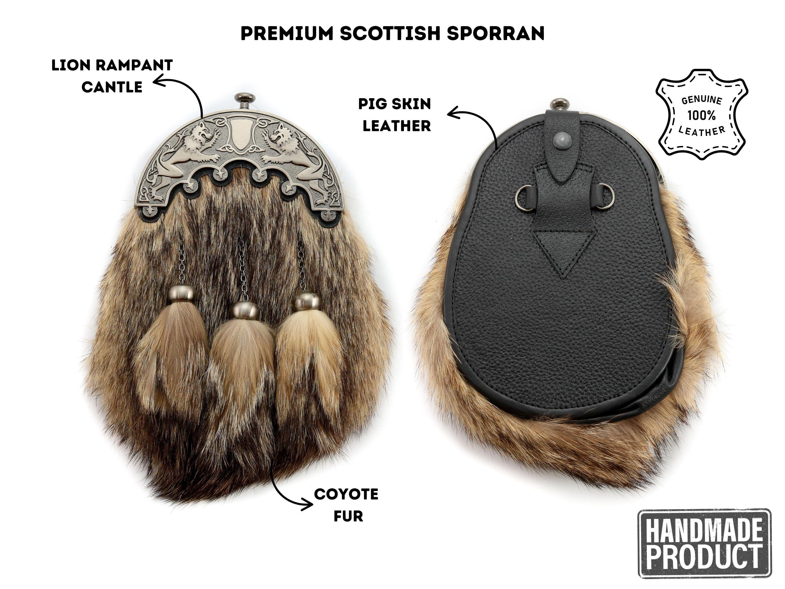 Antique Lion Rampant Coyote Fur Sporran: Scottish Kilt Accessory