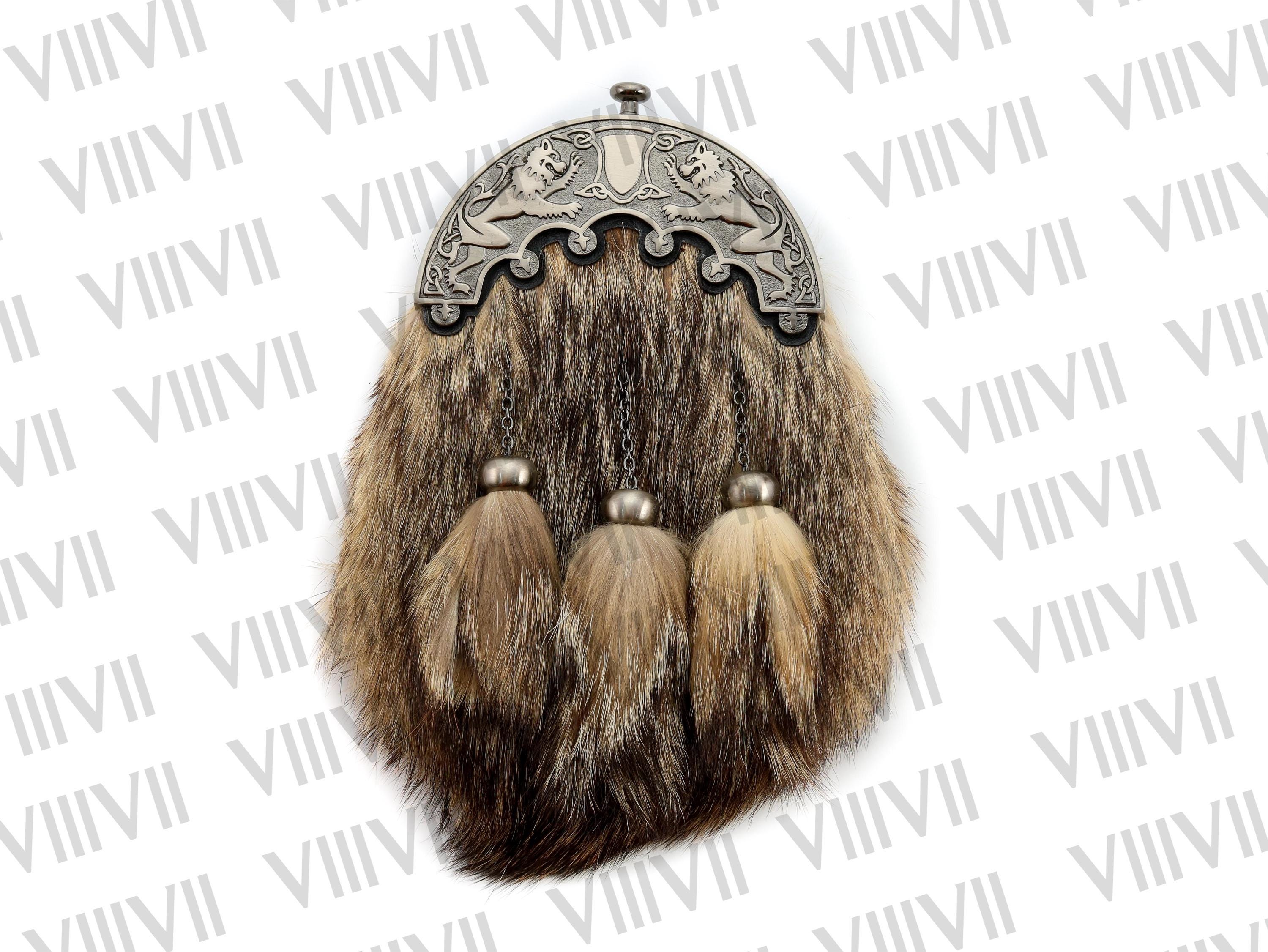Antique Lion Rampant Coyote Fur Sporran: Scottish Kilt Accessory