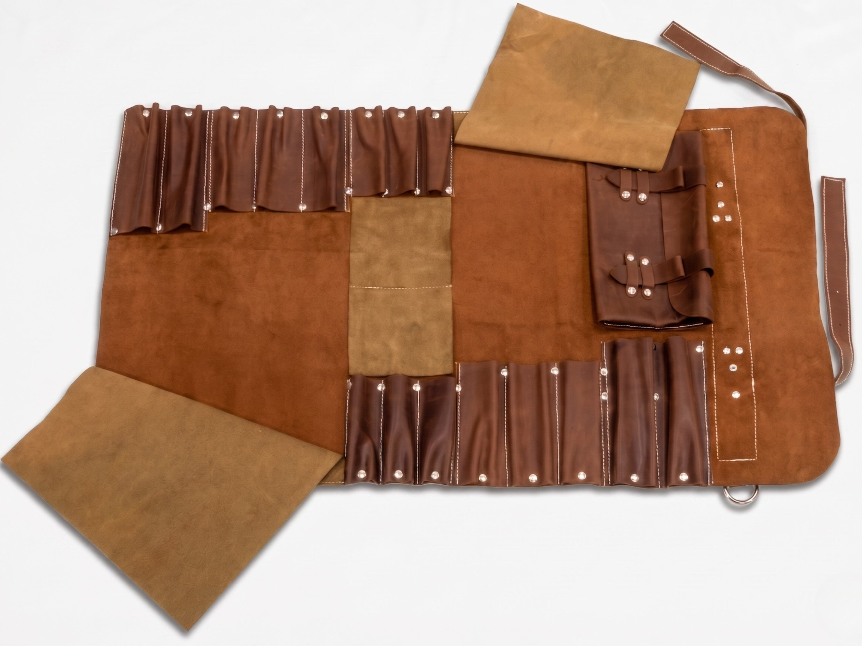 Premium  Brown Leather Chef Roll – 16-Slot Knife Holder, Portable Cutlery Storage, Travel Kitchen Wrap Bag, Gift for Professional Chefs & Culinary Enthusiasts