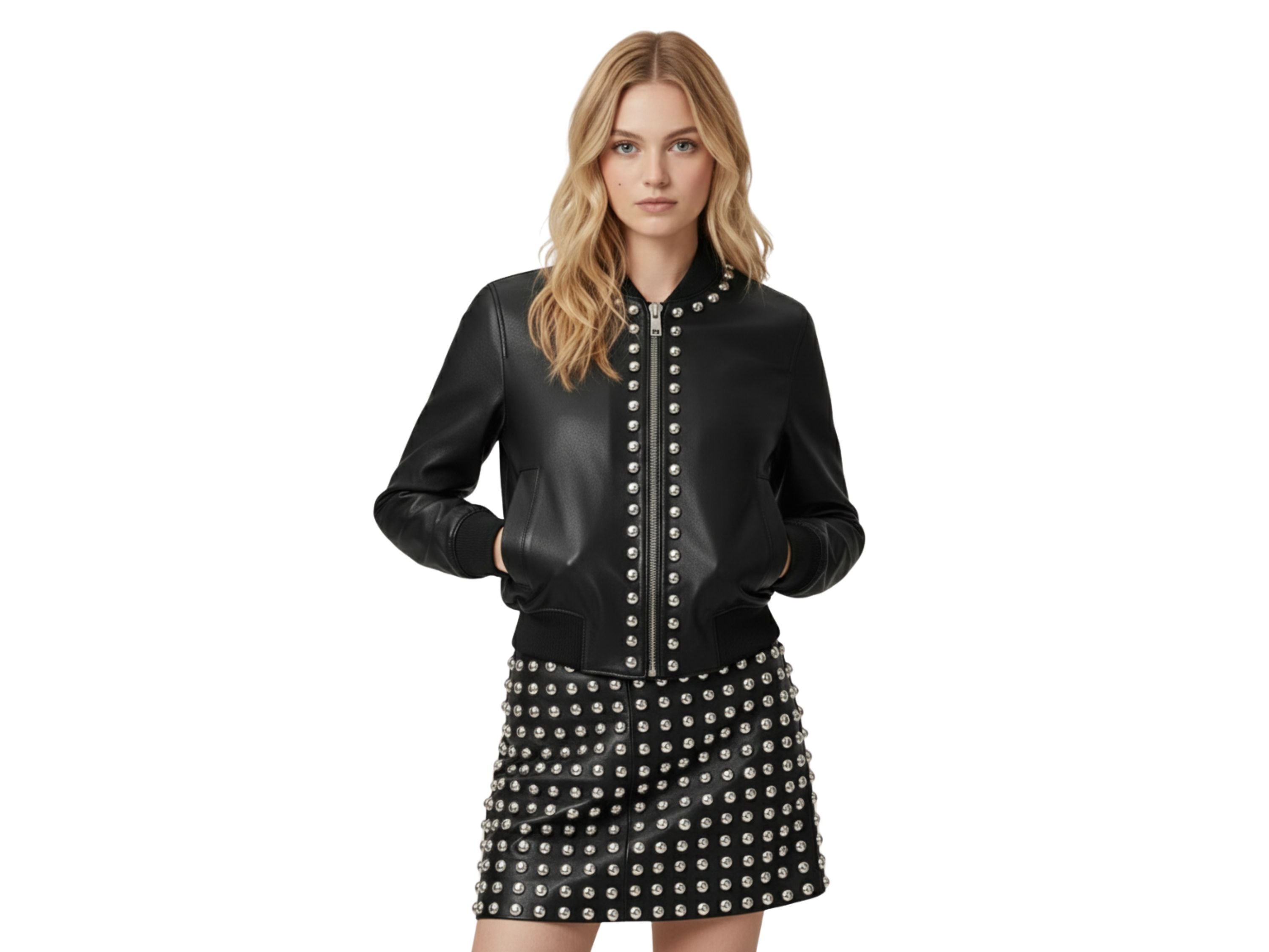 Leather Bomber Jacket for Women – Silver Studded Red, Black & Burgundy Jackets | Luxury Winter Outfit & Boss Lady Gift by Eighty Seven Groups