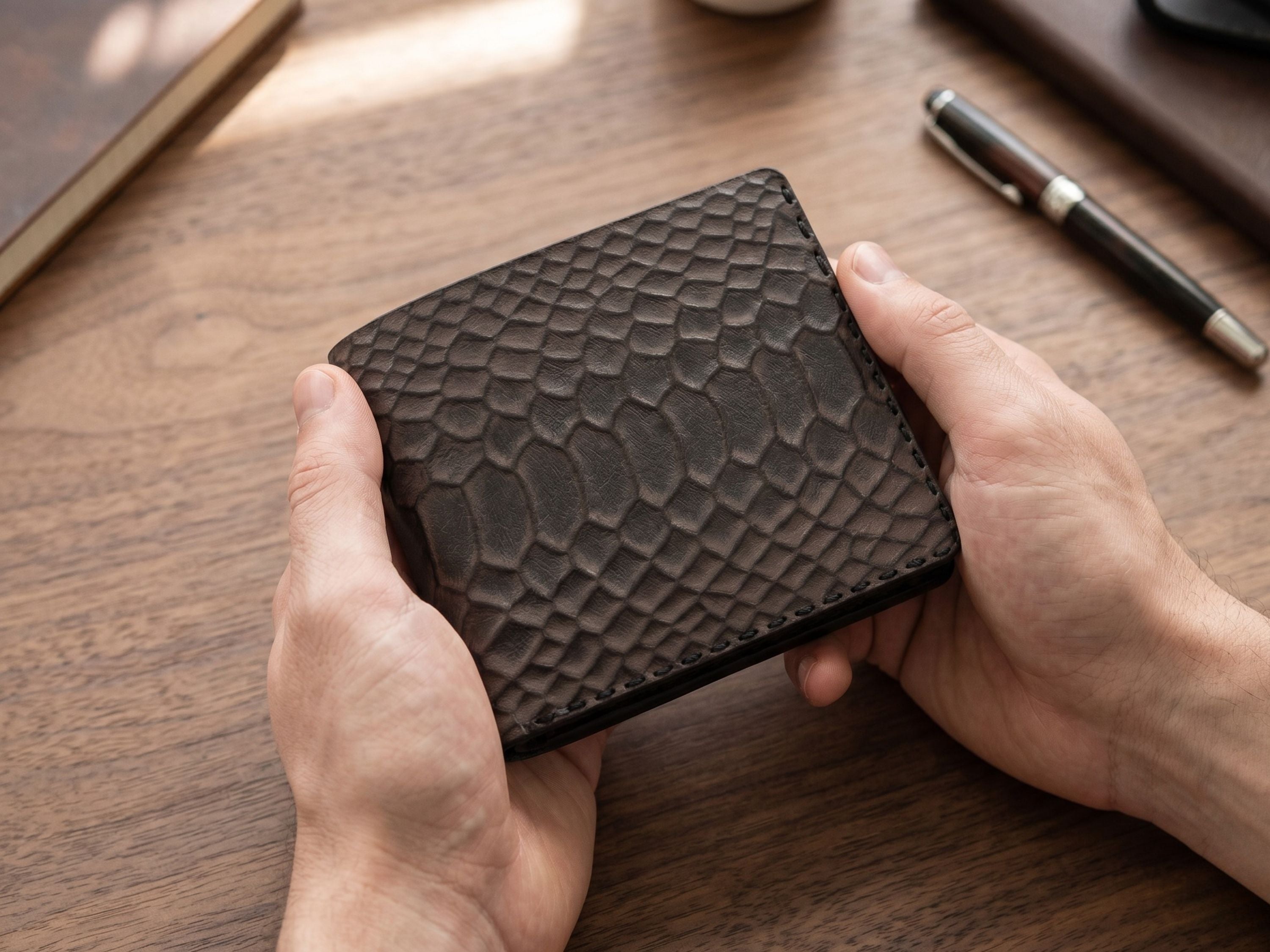 Handmade python snake leather wallet for men's engraved wallets bifold slim card holder with key chains fathers day gifts for dad