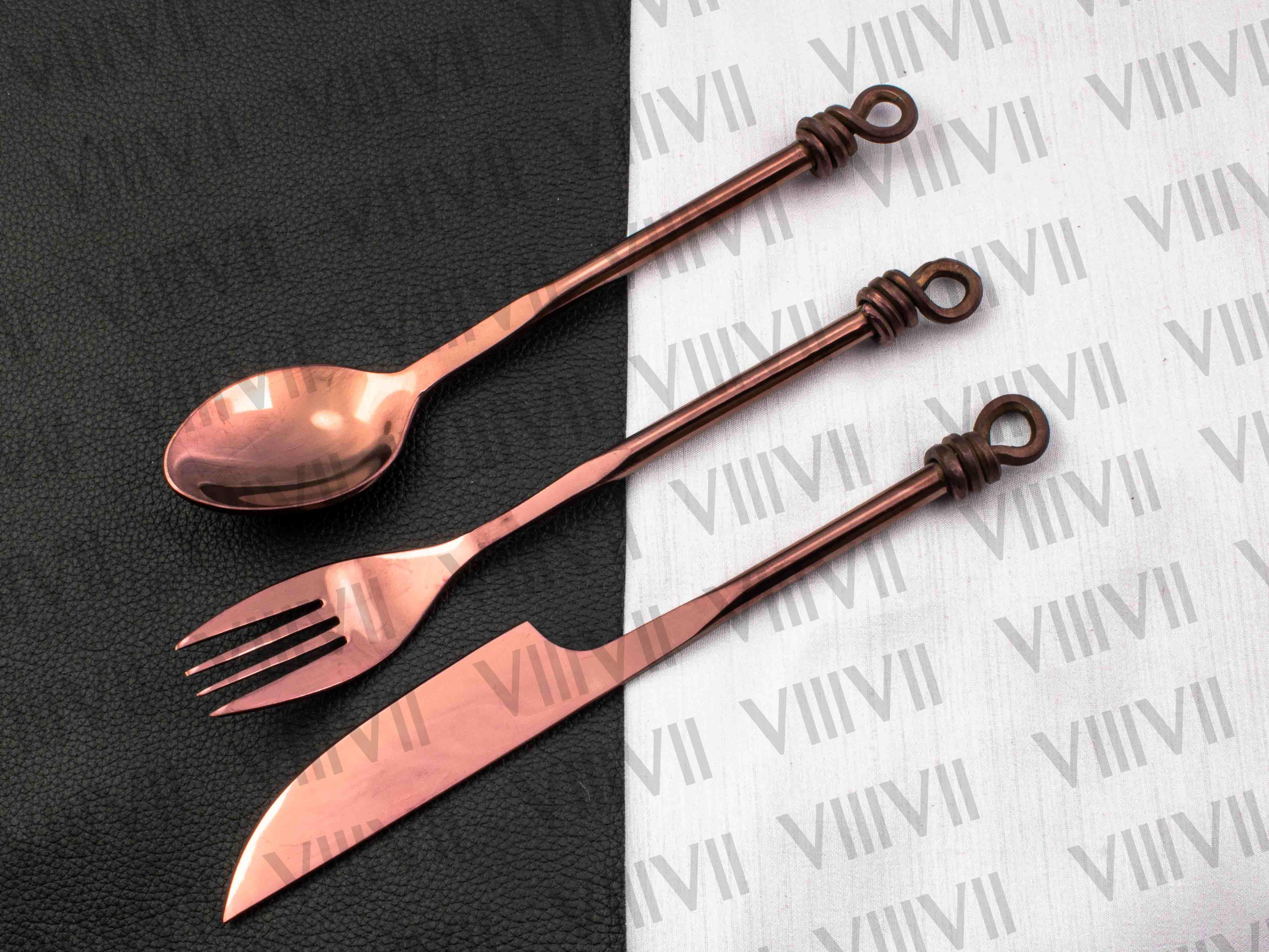 Viking cutlery set hand forged in medieval knot work style in Rose gold color and aniline sheath