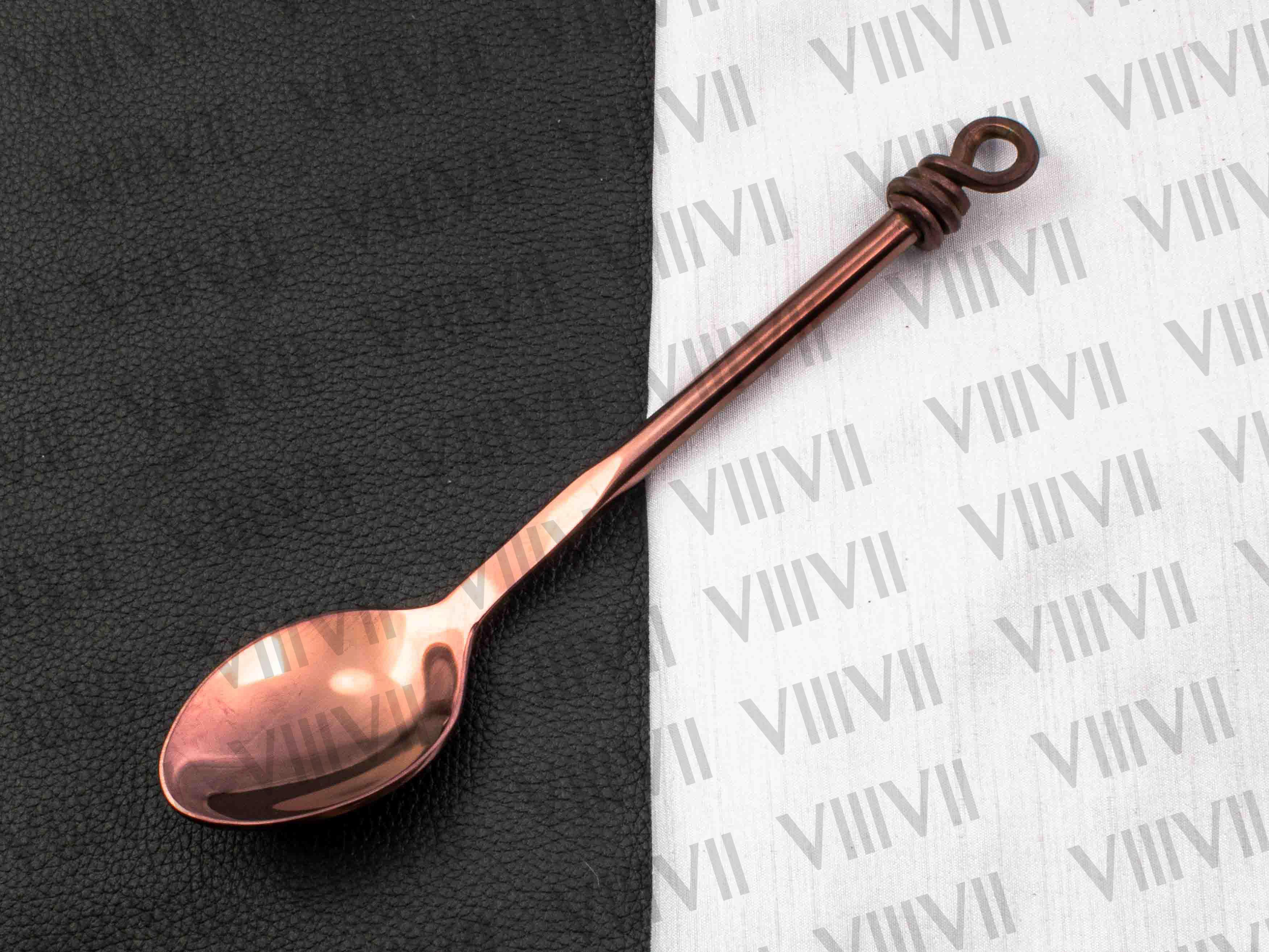 Viking cutlery set hand forged in medieval knot work style in Rose gold color and aniline sheath