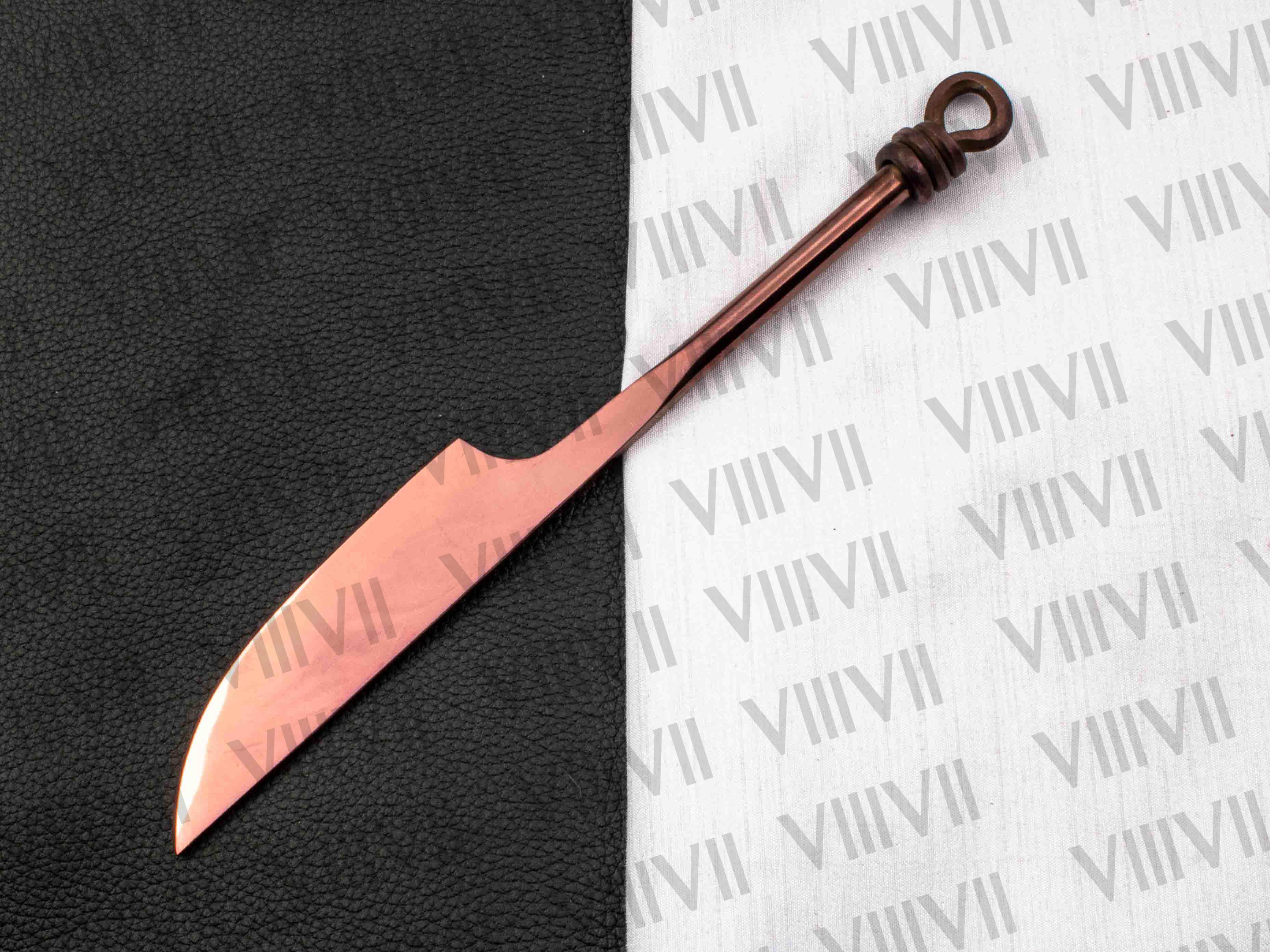 Viking cutlery set hand forged in medieval knot work style in Rose gold color and aniline sheath
