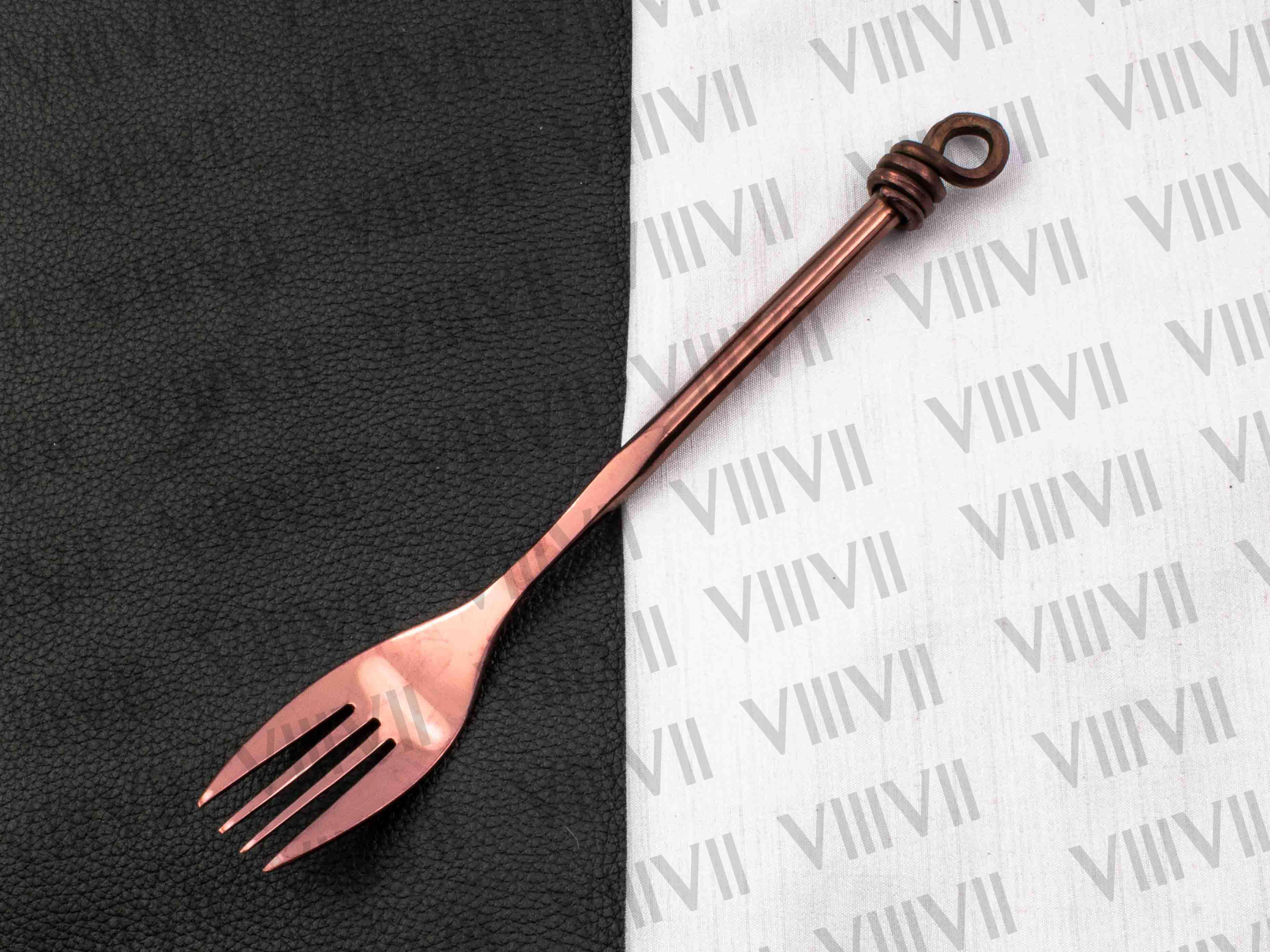 Viking cutlery set hand forged in medieval knot work style in Rose gold color and aniline sheath