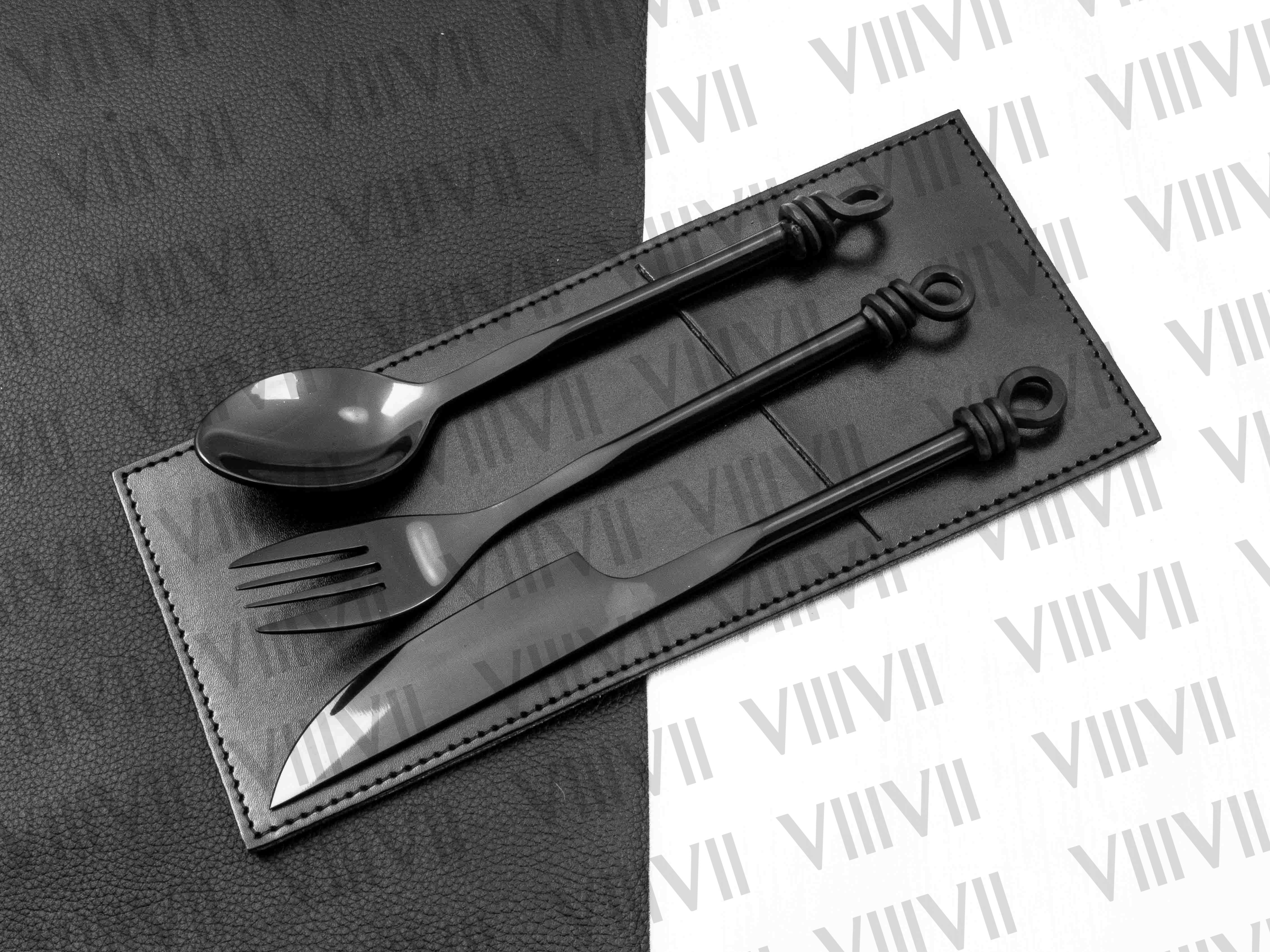Viking cutlery set hand forged in medieval knot work style in black color and aniline leather sheath
