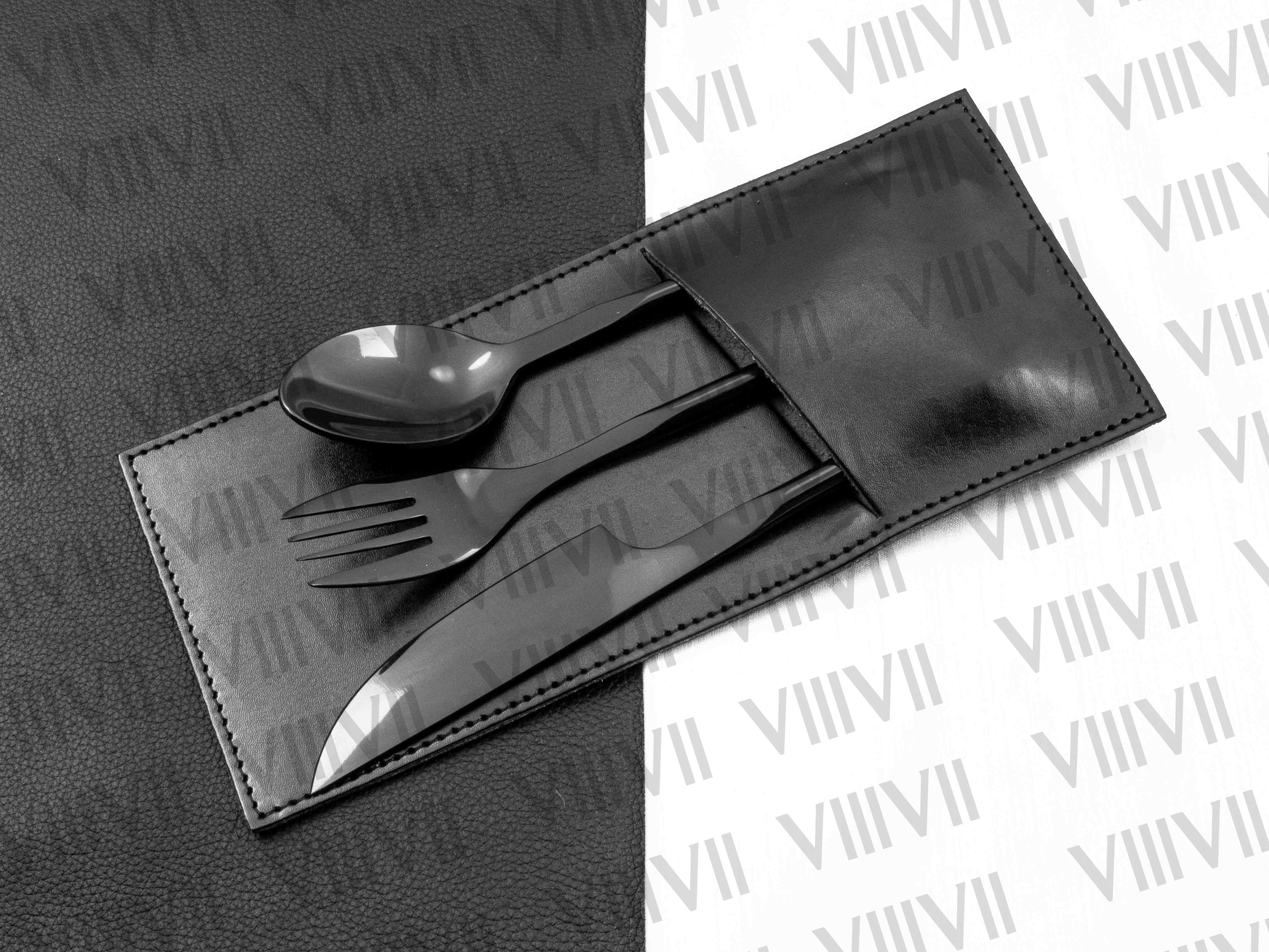 Viking cutlery set hand forged in medieval knot work style in black color and aniline leather sheath
