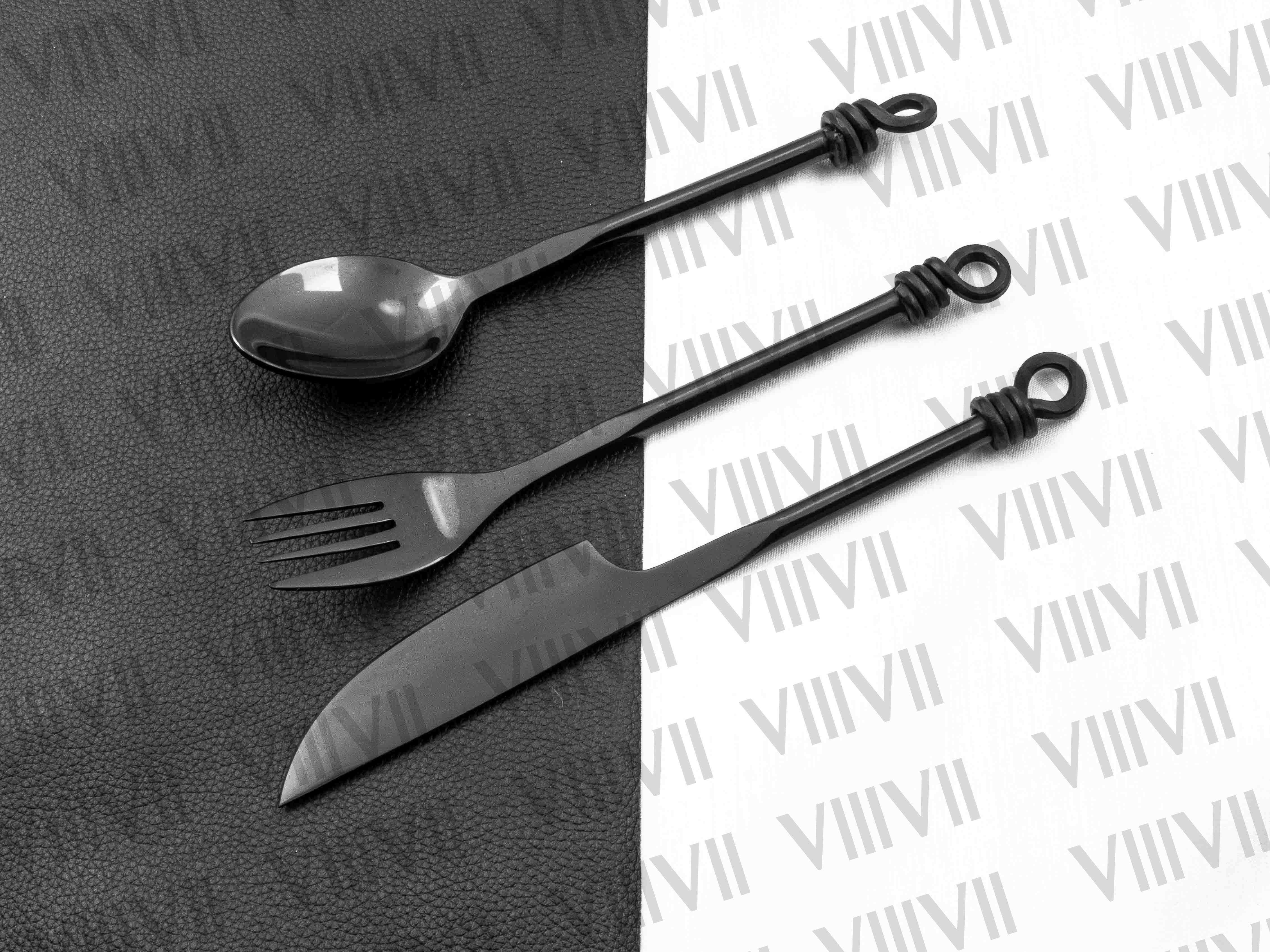 Viking cutlery set hand forged in medieval knot work style in black color and aniline leather sheath