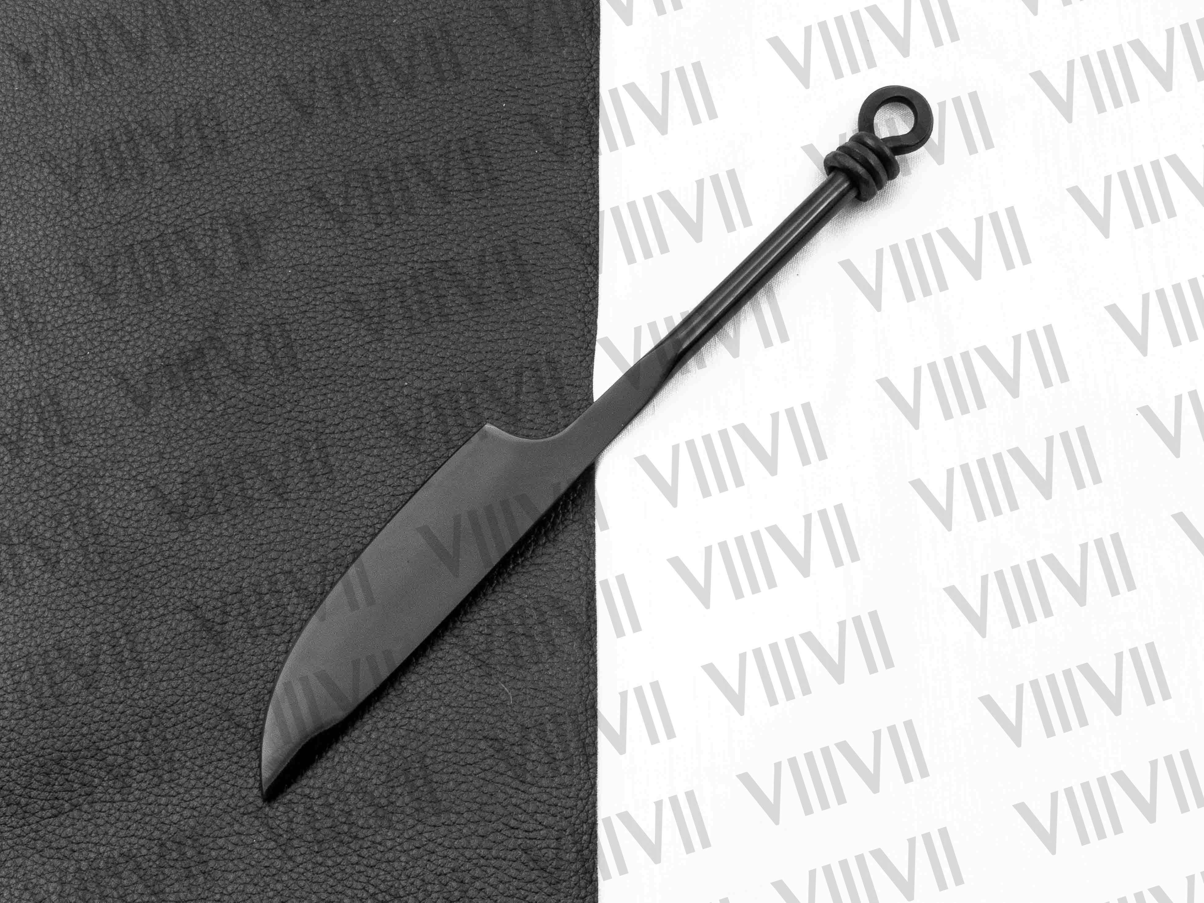 Viking cutlery set hand forged in medieval knot work style in black color and aniline leather sheath