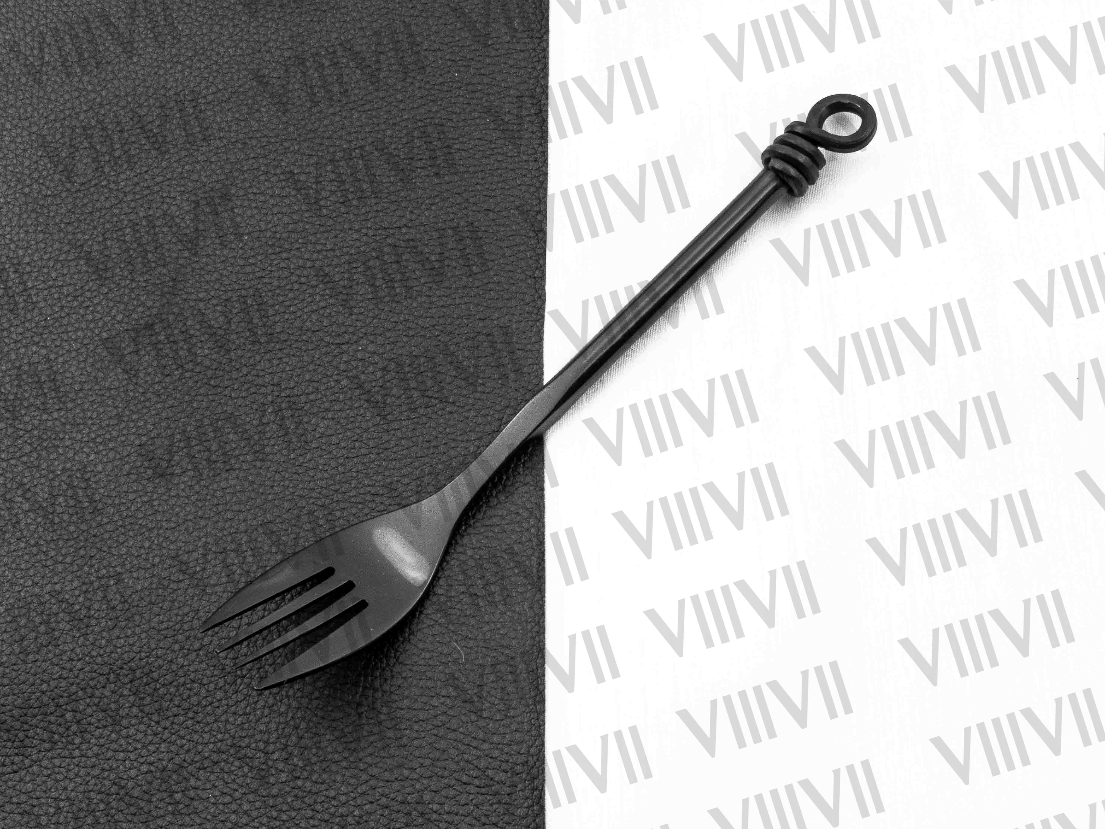 Viking cutlery set hand forged in medieval knot work style in black color and aniline leather sheath