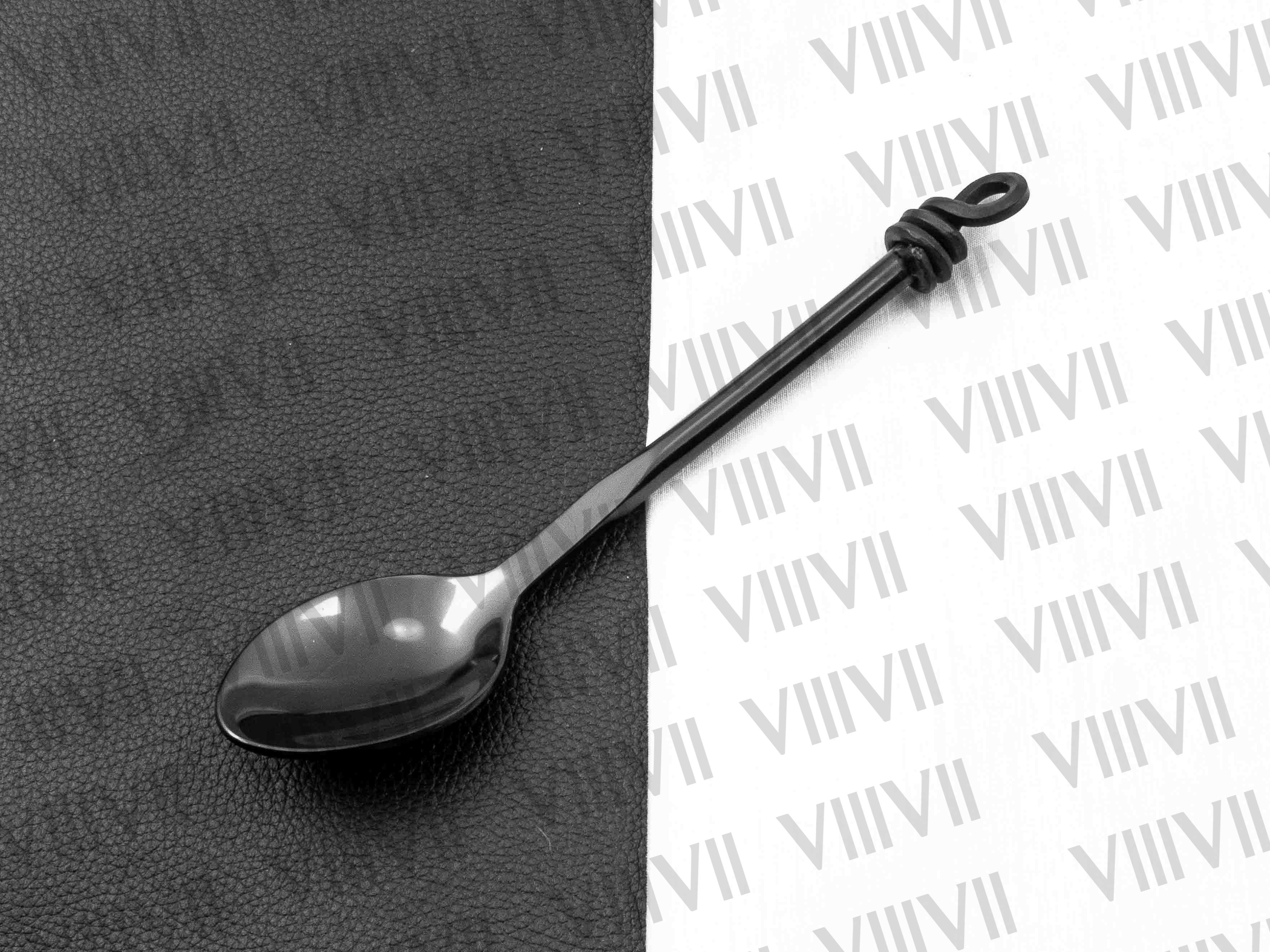 Viking cutlery set hand forged in medieval knot work style in black color and aniline leather sheath