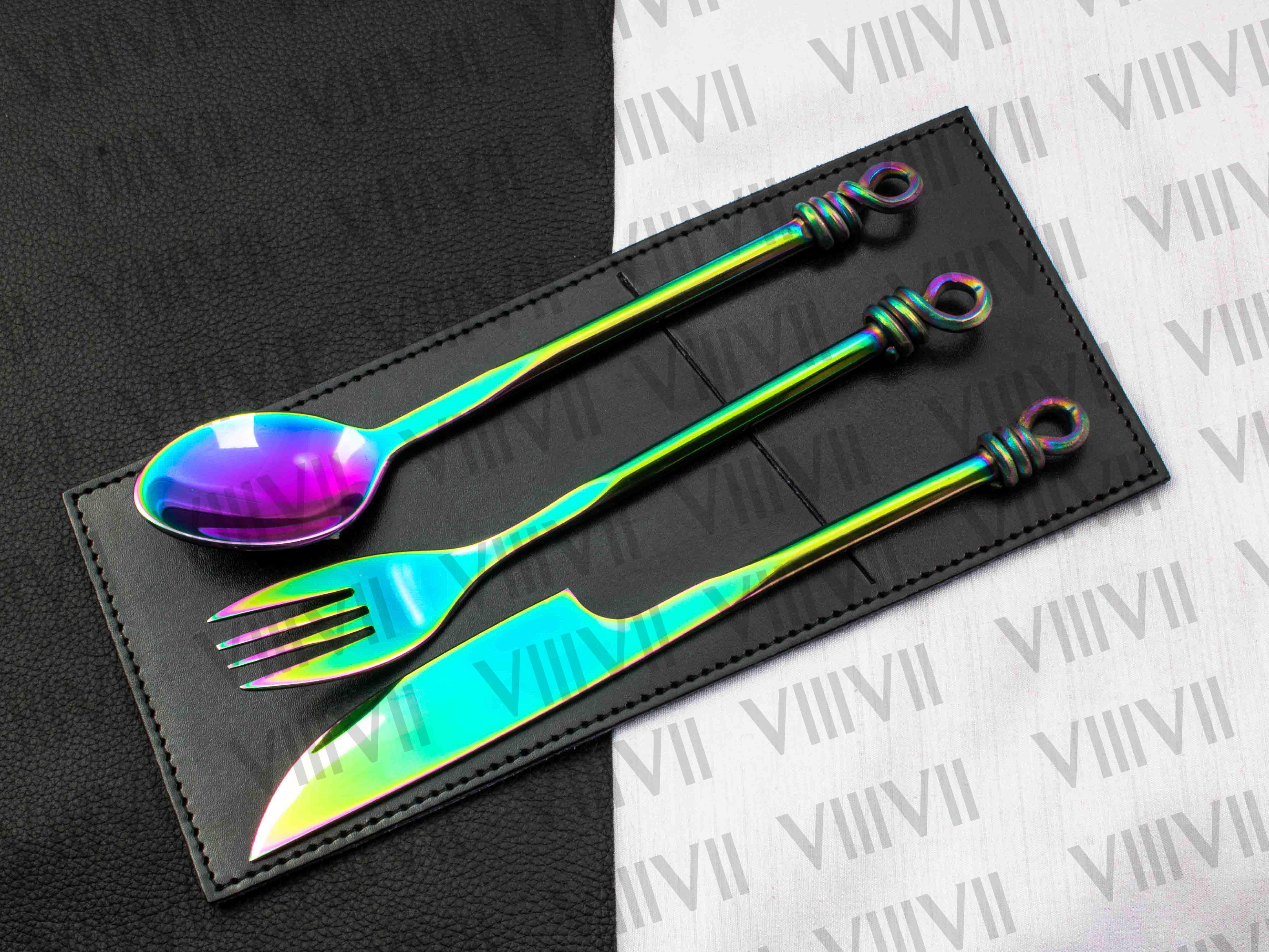 Viking cutlery set hand forged in medieval knot work style rainbow color with Aniline leather sheath