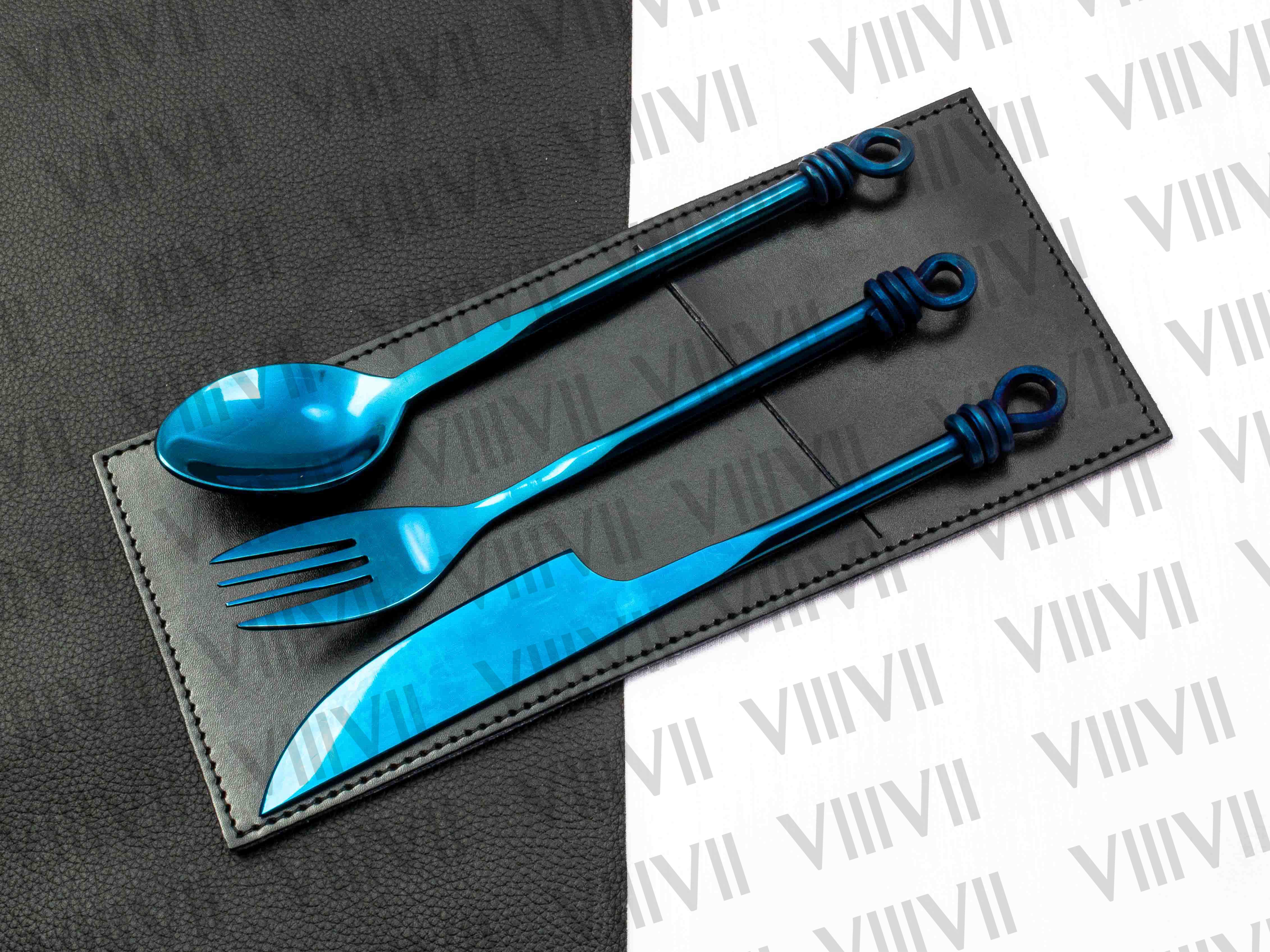 Viking cutlery set hand forged in medieval knot work style in Blue color and Aniline leather sheath