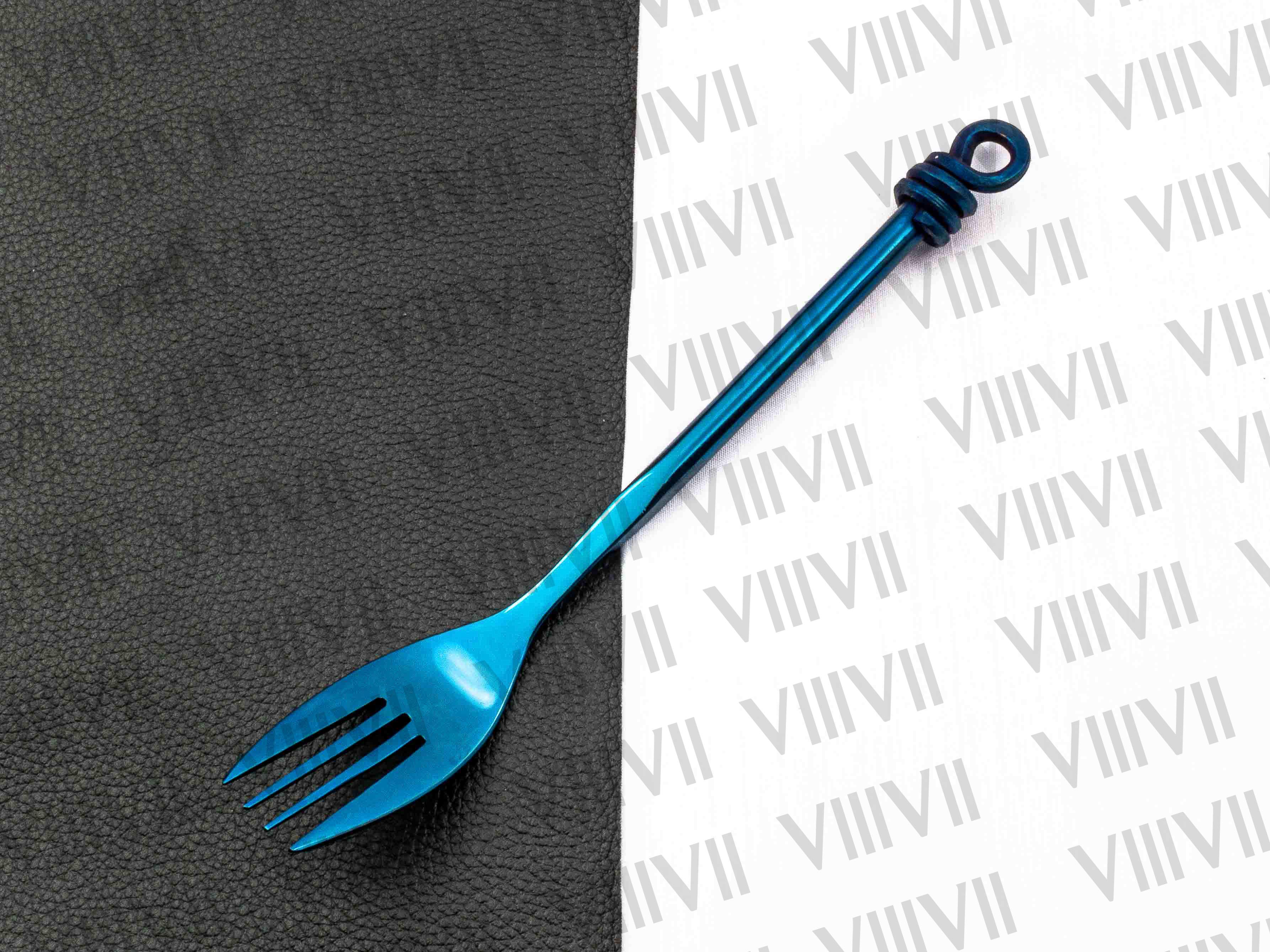 Viking cutlery set hand forged in medieval knot work style in Blue color and Aniline leather sheath