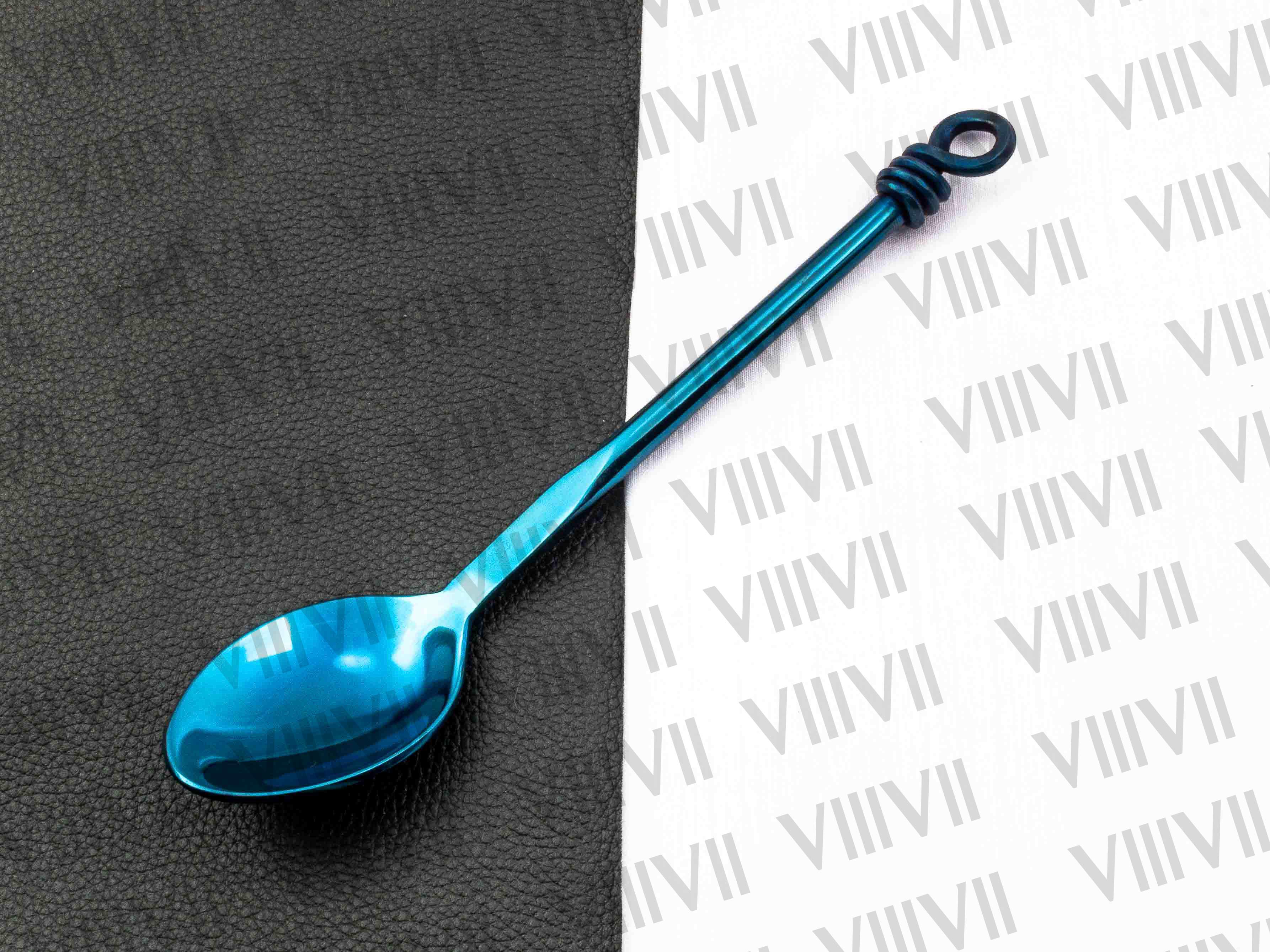 Viking cutlery set hand forged in medieval knot work style in Blue color and Aniline leather sheath