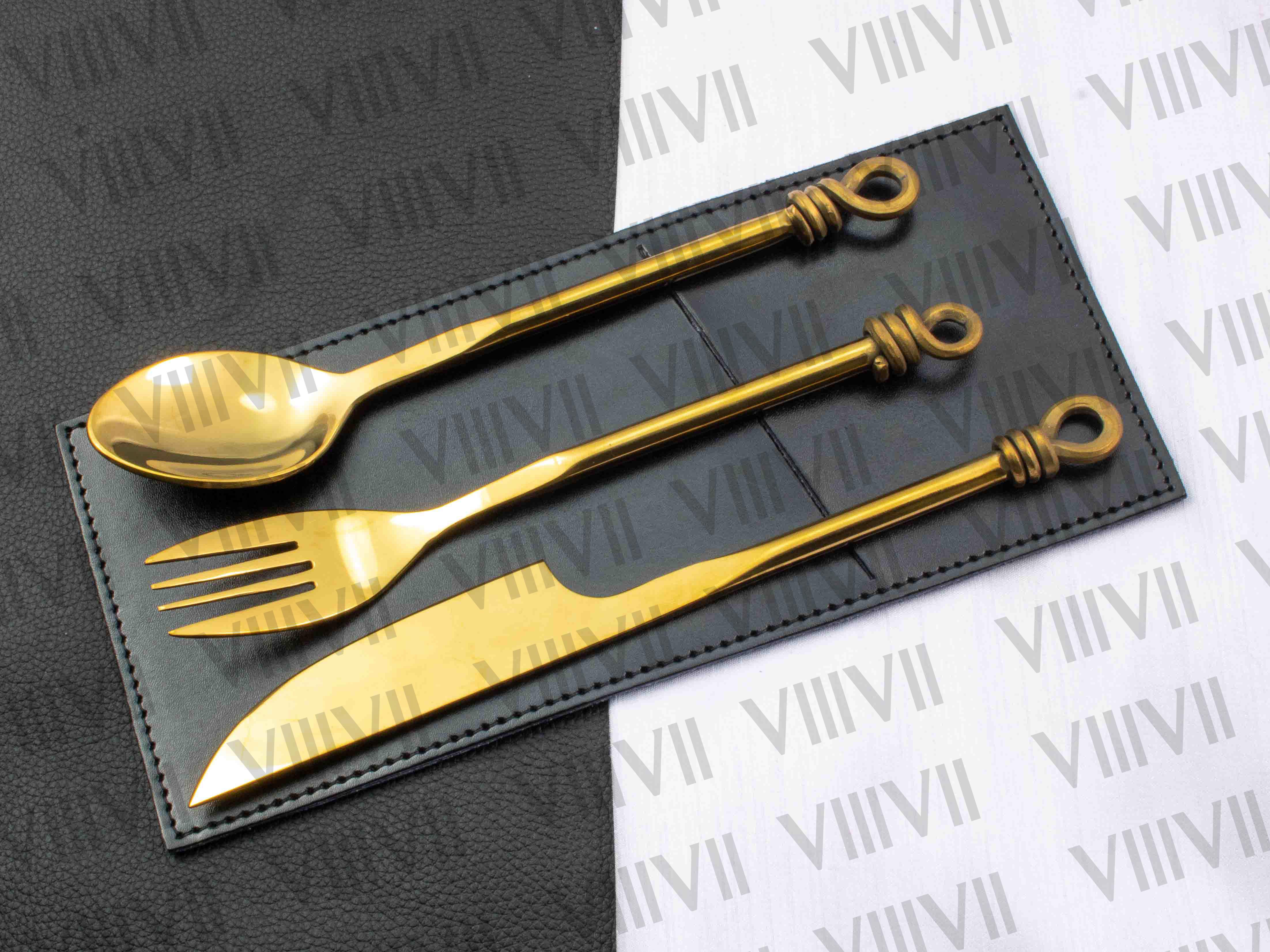 Viking cutlery set hand forged in medieval knot work style in Gold color and Aniline leather sheath