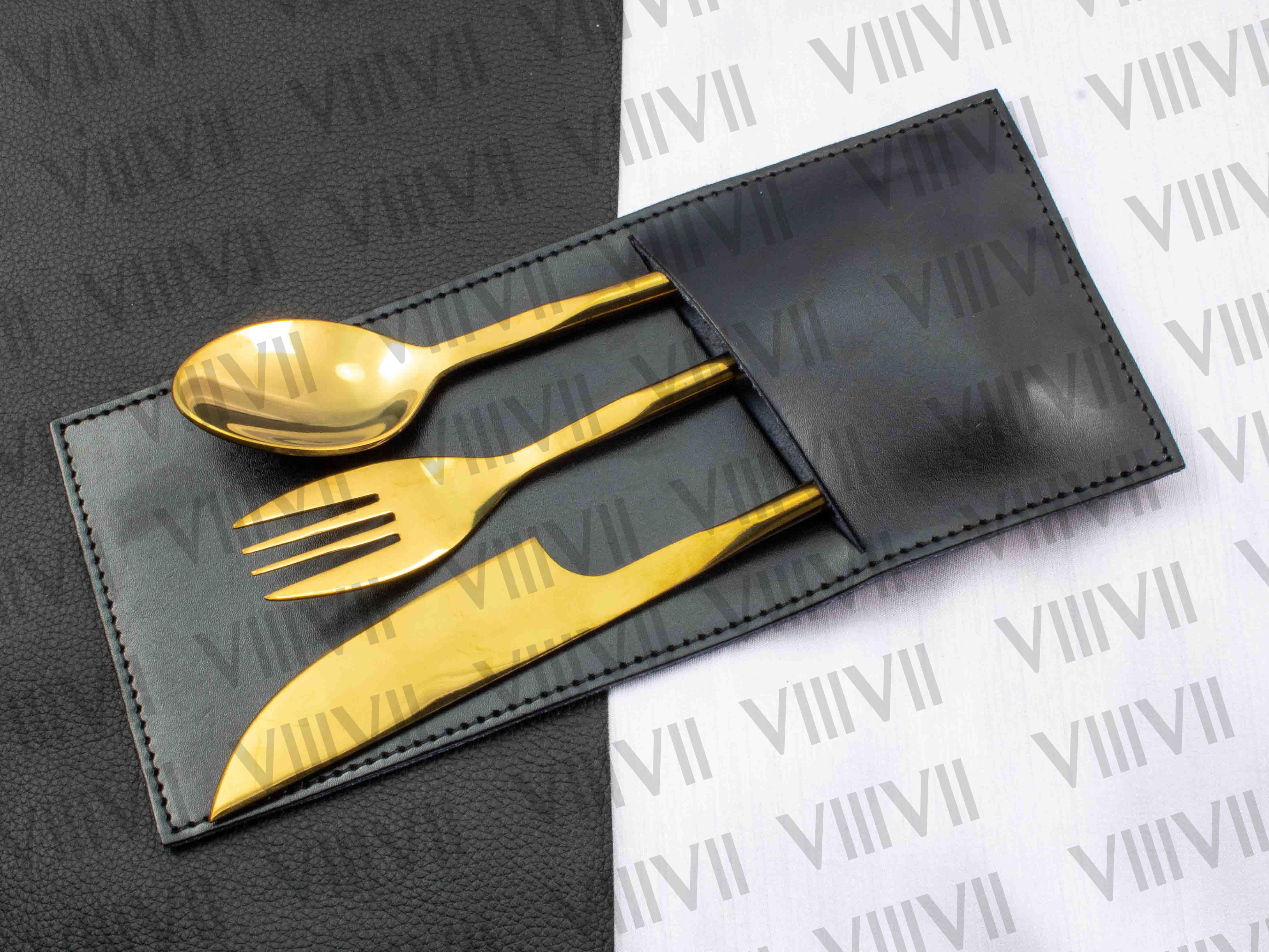 Viking cutlery set hand forged in medieval knot work style in Gold color and Aniline leather sheath