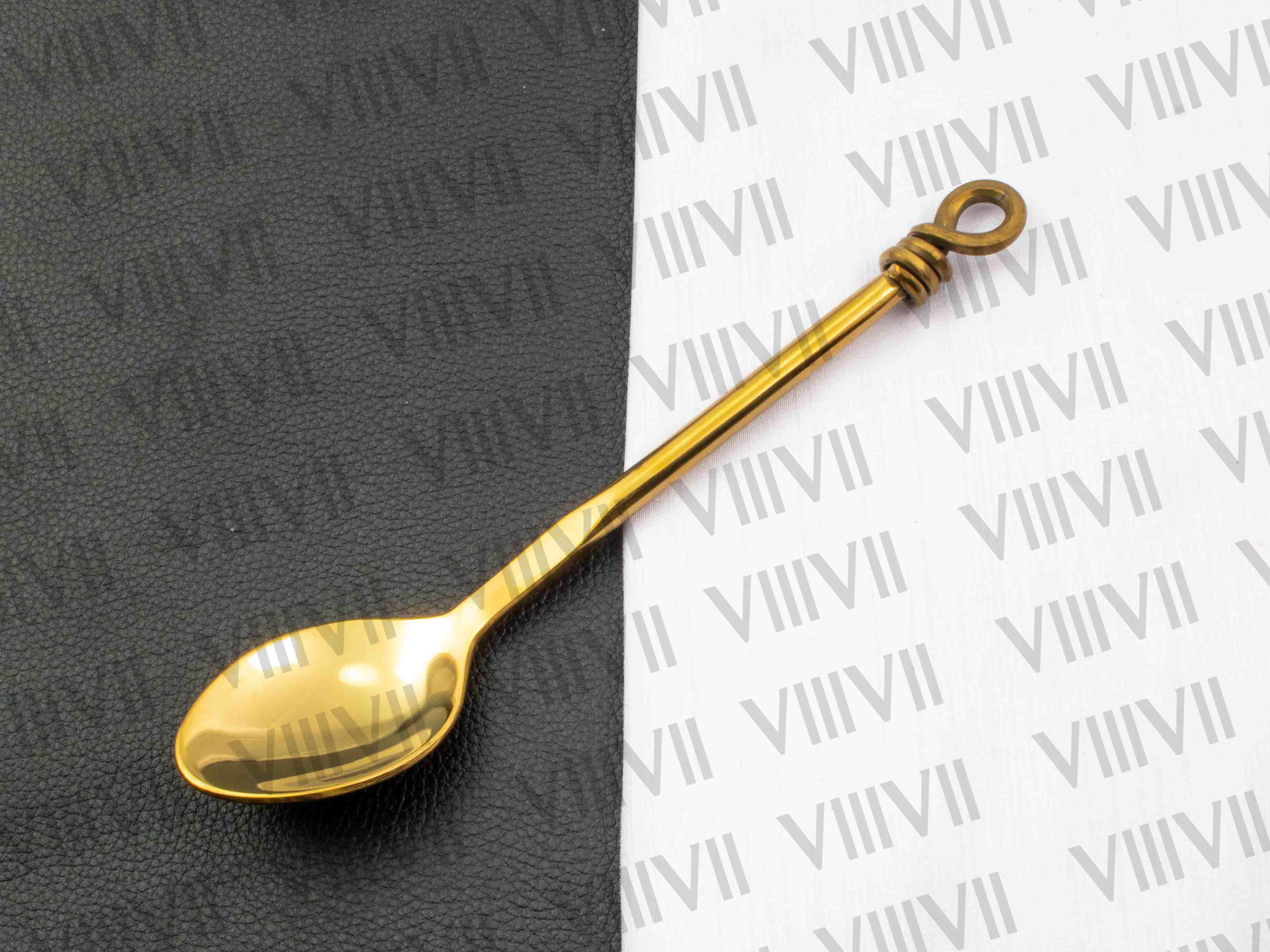 Viking cutlery set hand forged in medieval knot work style in Gold color and Aniline leather sheath