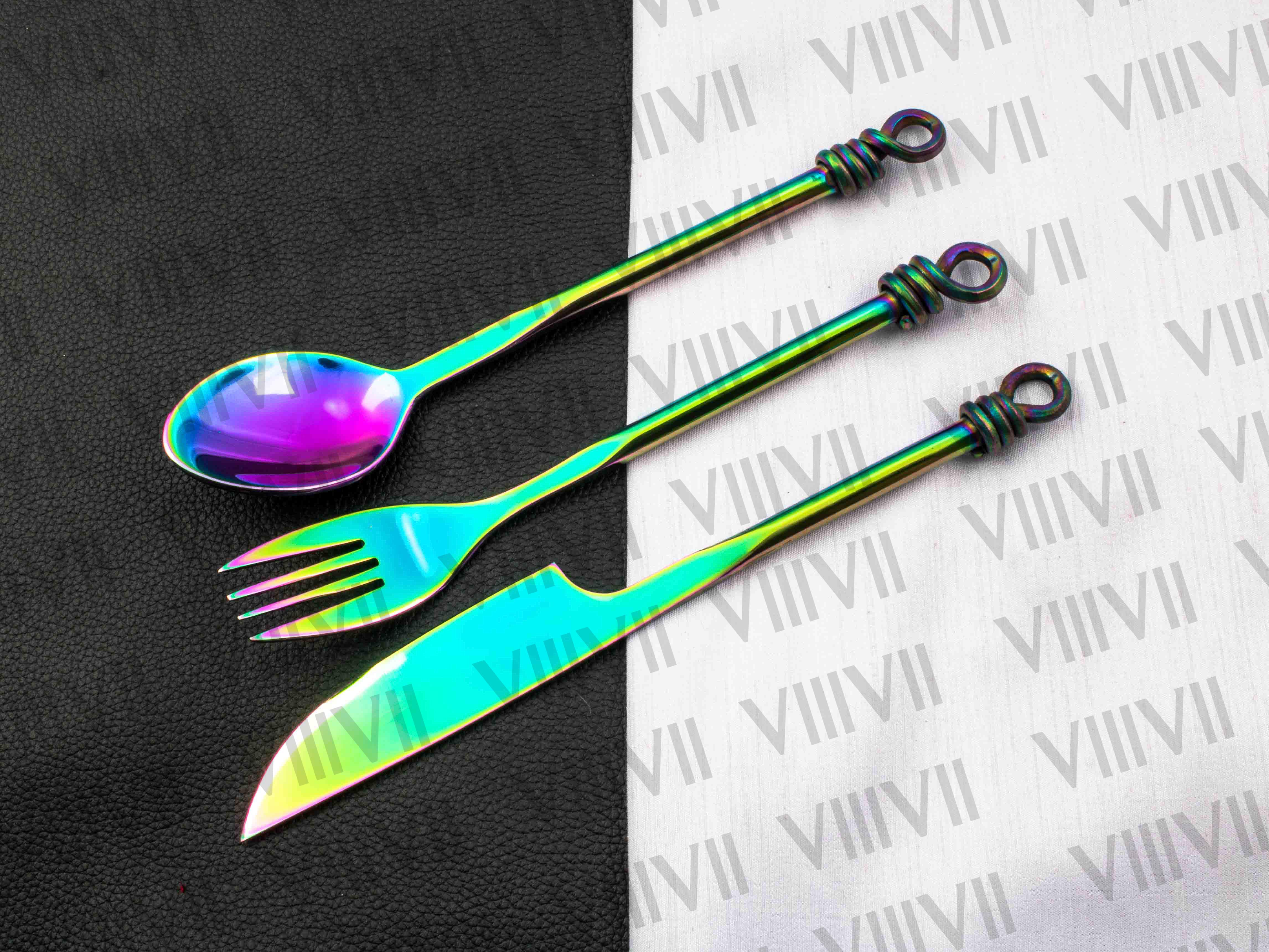 Viking cutlery set hand forged in medieval knot work style rainbow color with Aniline leather sheath