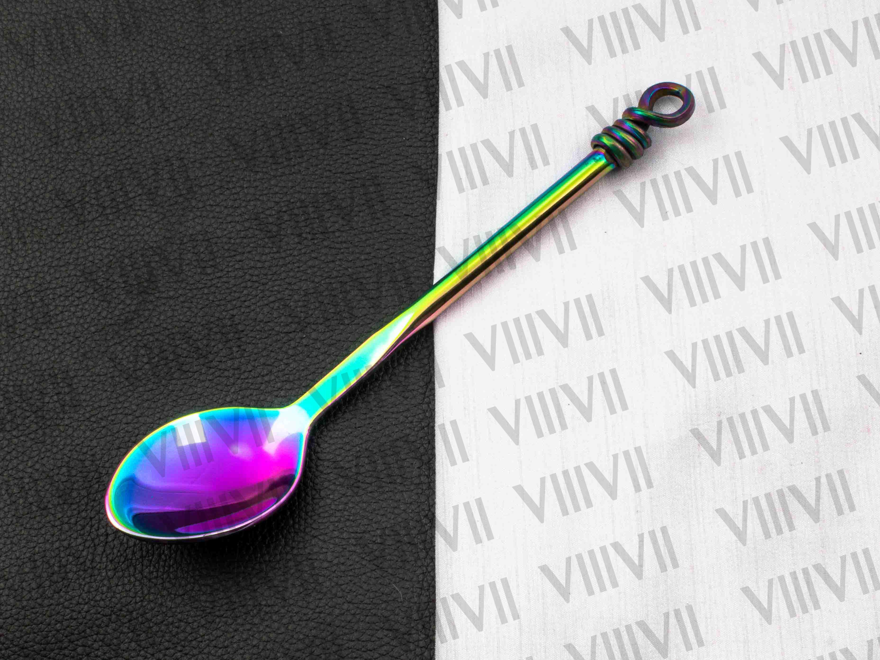 Viking cutlery set hand forged in medieval knot work style rainbow color with Aniline leather sheath