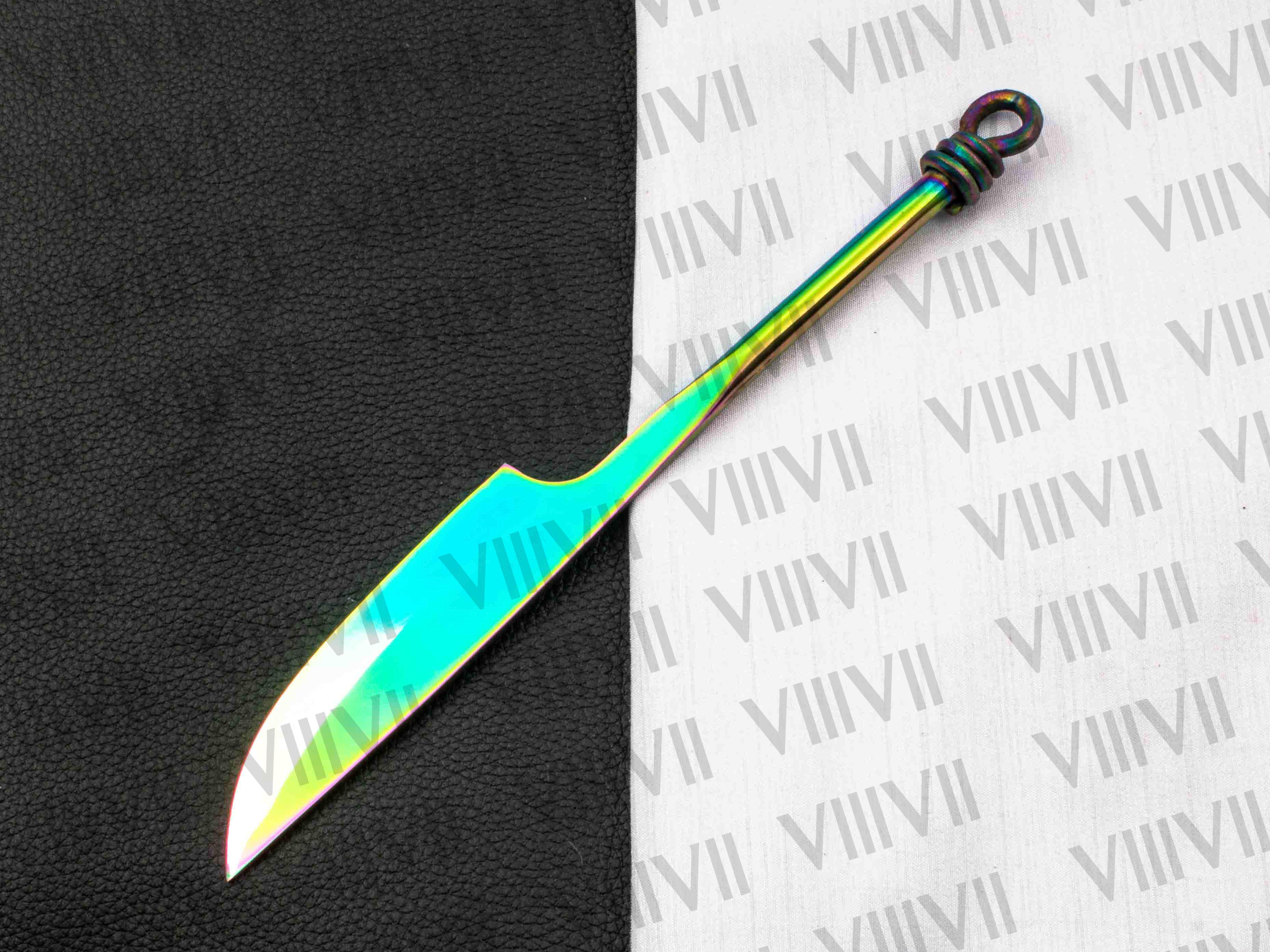 Viking cutlery set hand forged in medieval knot work style rainbow color with Aniline leather sheath