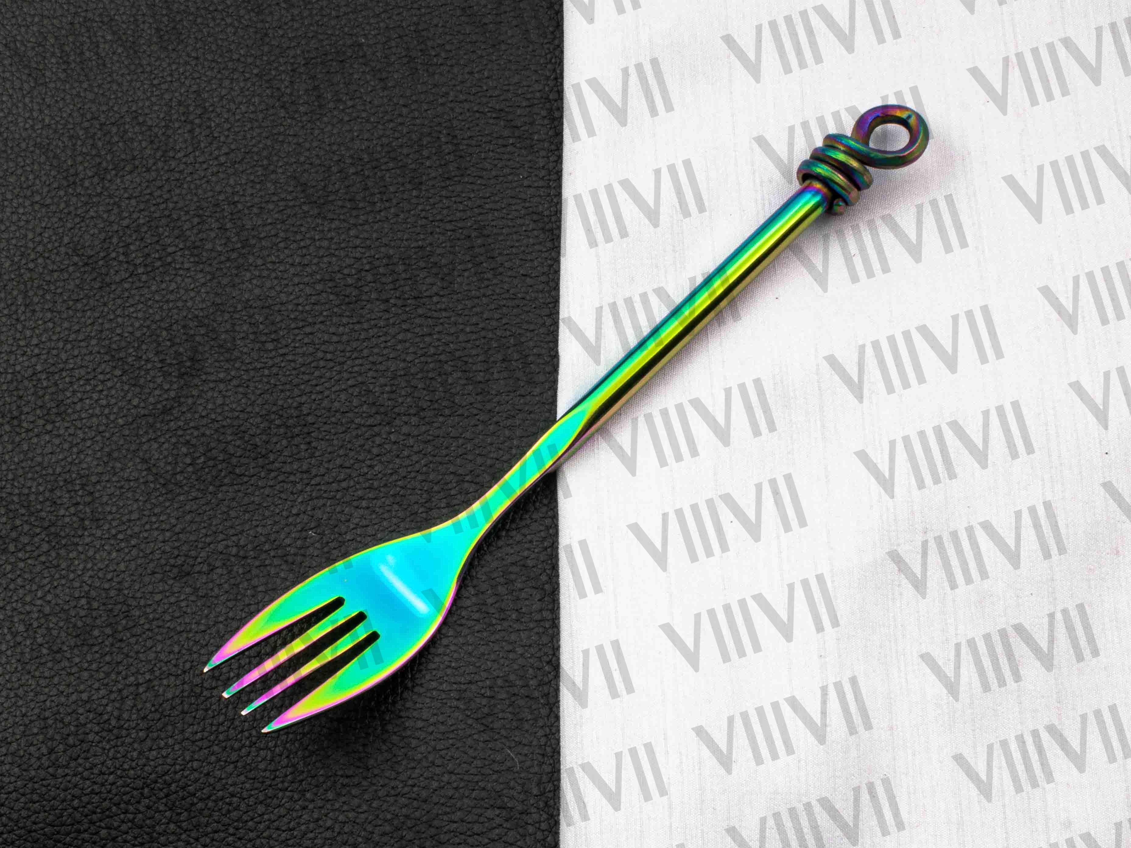 Viking cutlery set hand forged in medieval knot work style rainbow color with Aniline leather sheath