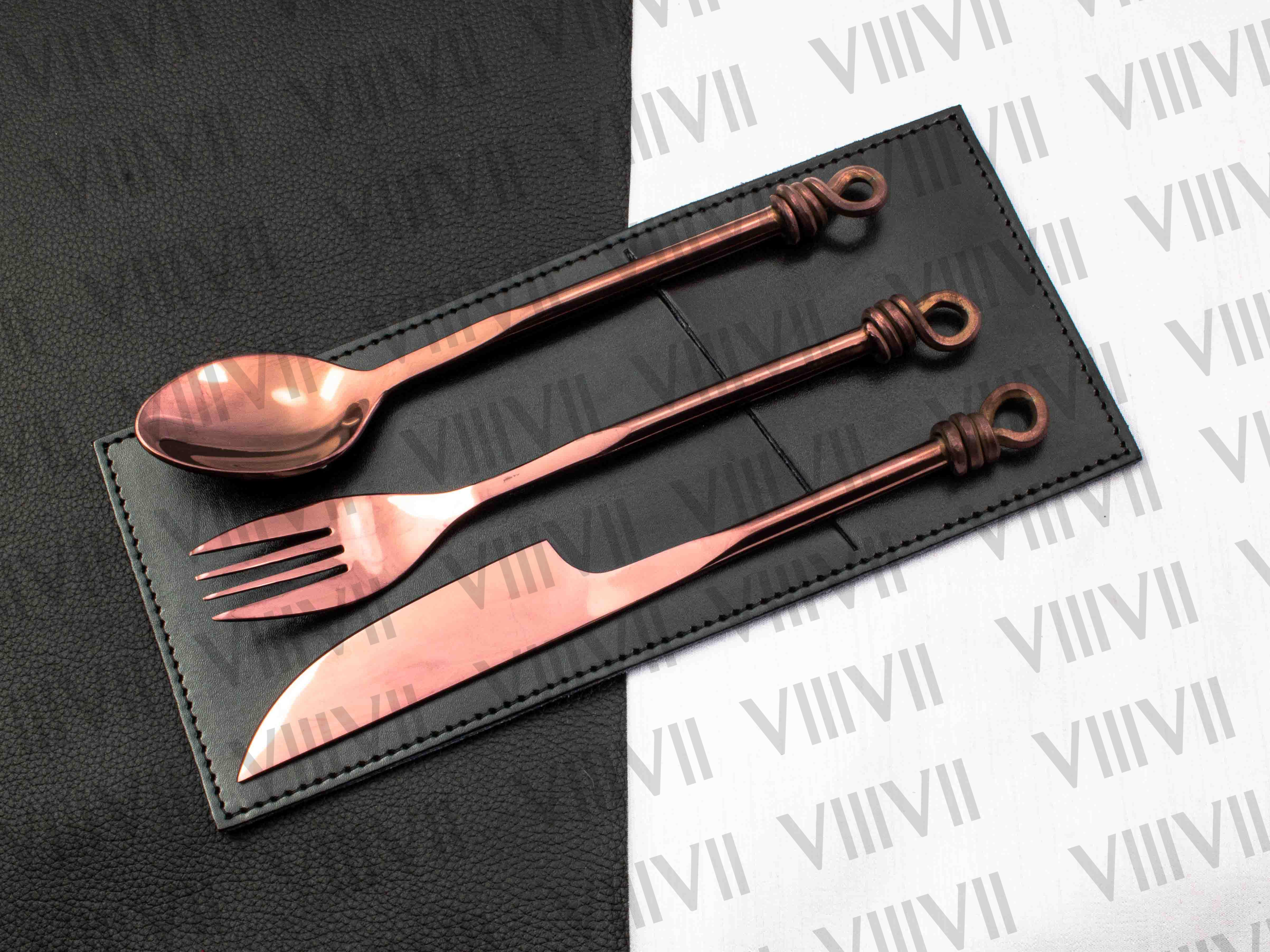 Viking cutlery set hand forged in medieval knot work style in Rose gold color and aniline sheath