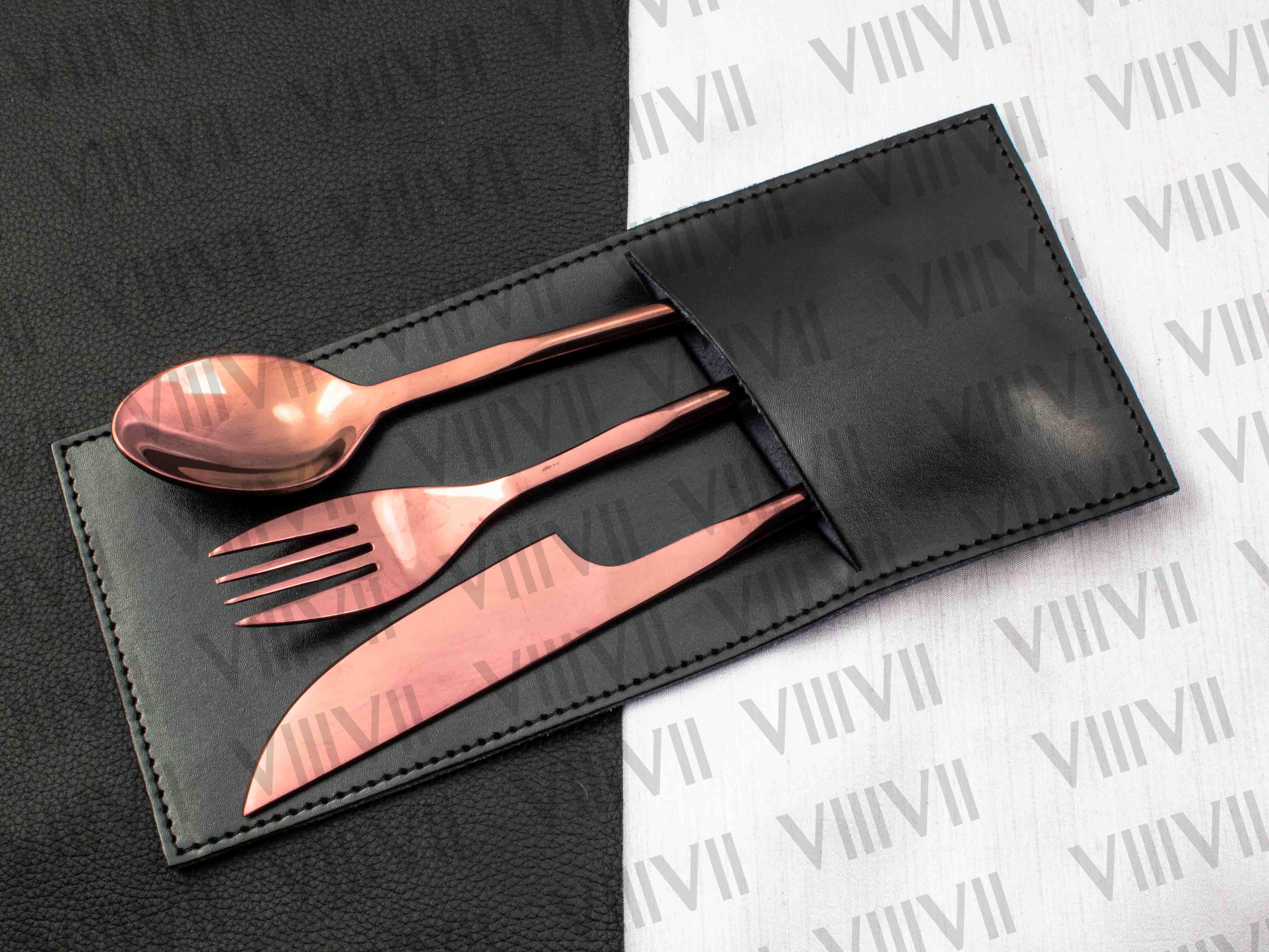 Viking cutlery set hand forged in medieval knot work style in Rose gold color and aniline sheath