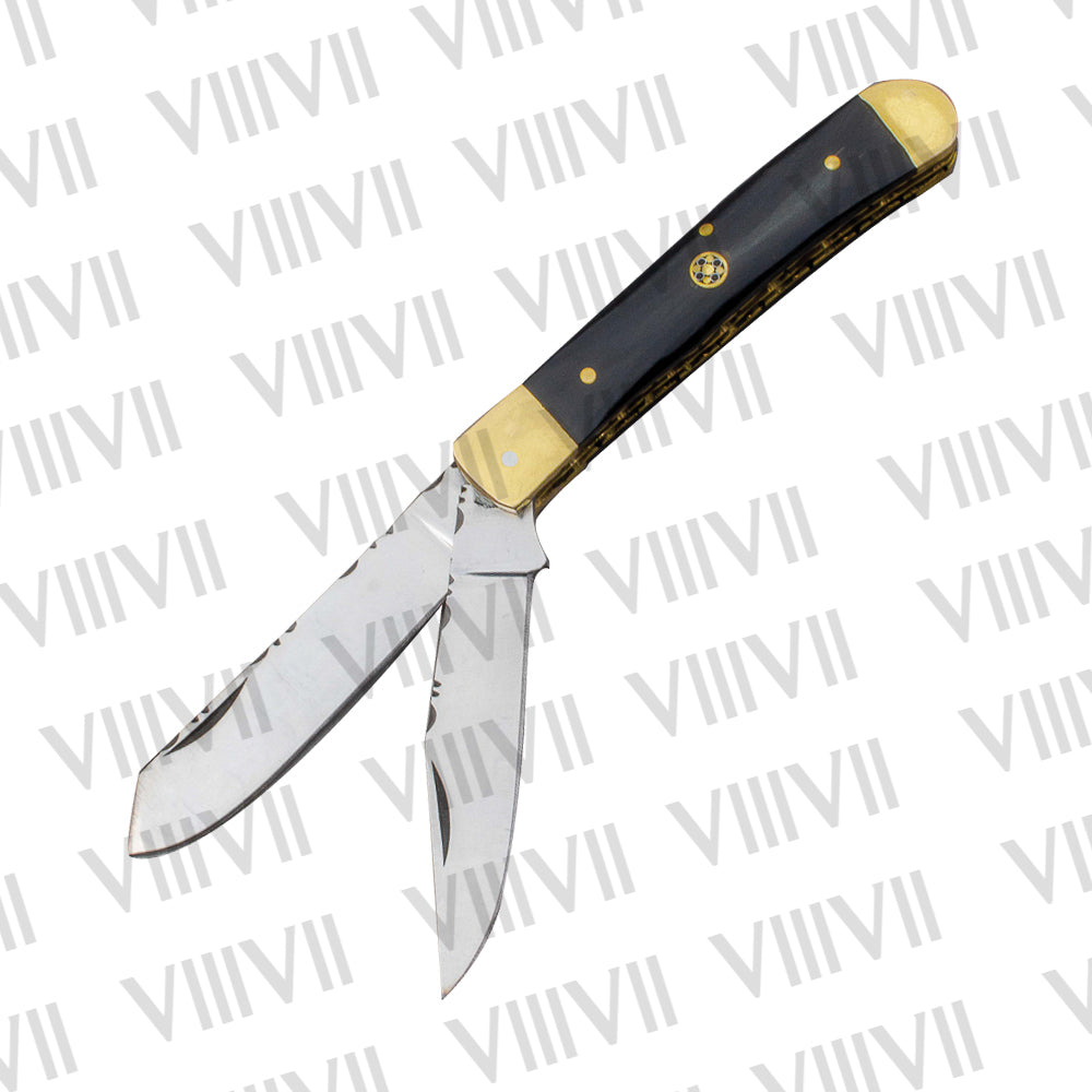 Double Blade Pocket Knife with Bull Horn Handle | Trapper Knife with Spey & Clip Point Blades – Gift Box or Leather Sheath Option