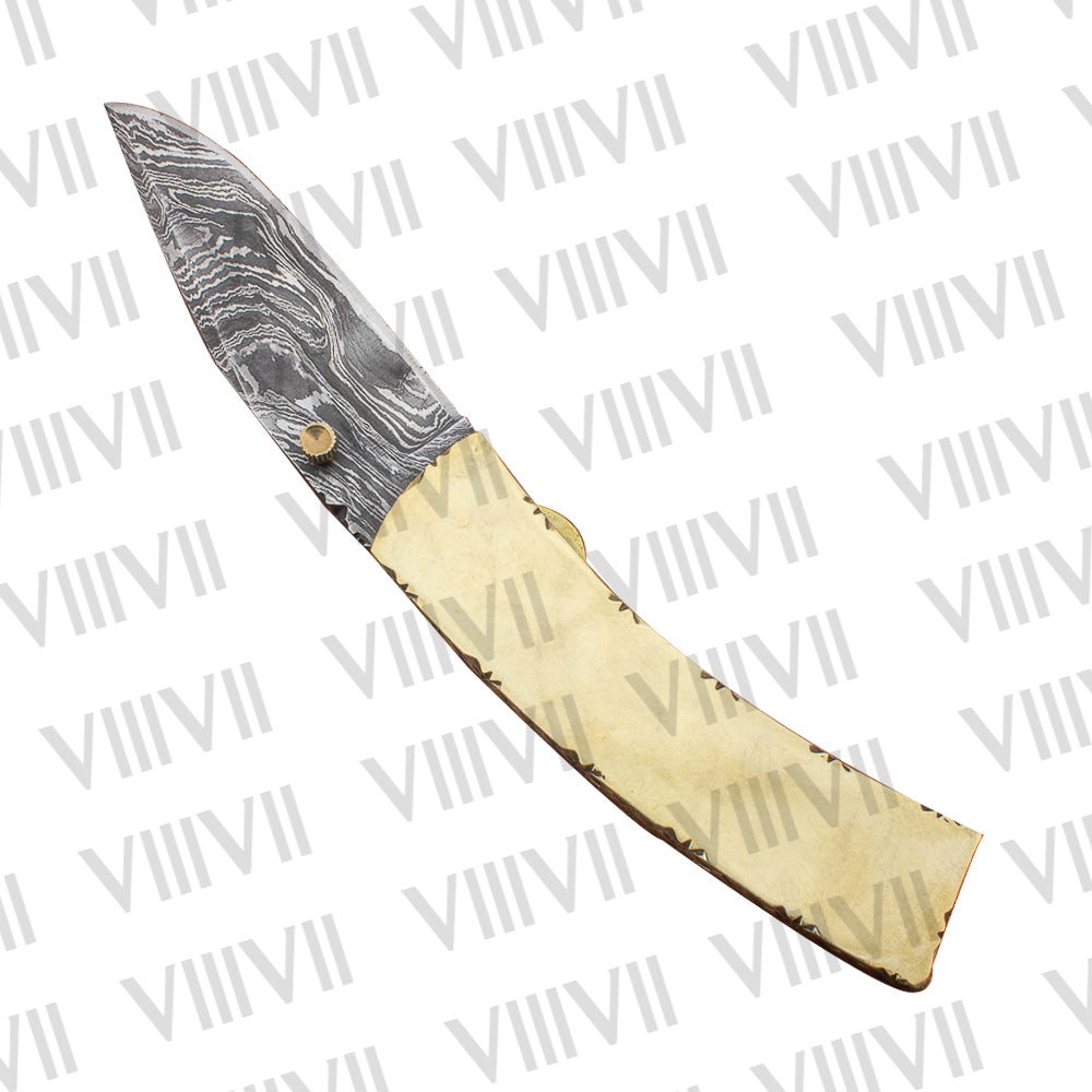 Damascus Steel Pocket Knife with Brass Handle | Handcrafted Folding Knife in Leather Sheath