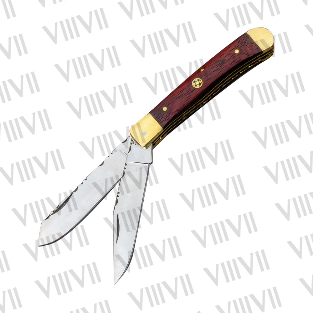 Double Blade Pocket Knife with Dollar Wood Handle | Trapper Folding Knife with Spey & Clip Point Blades – Gift Box or Leather Sheath Option