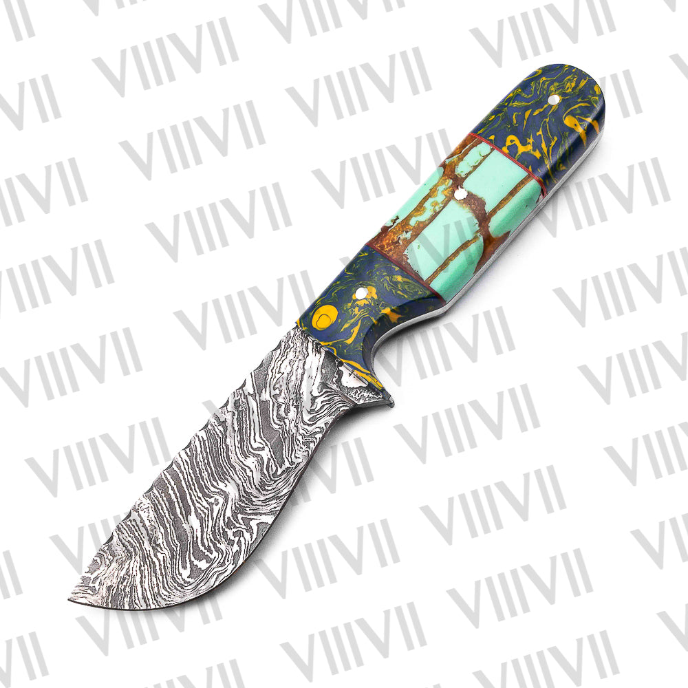 Damascus Steel Hunting Knife – Turquoise Handle | Hand Forged Full Tang Knife for Hunting, Camping & Outdoor Gifts