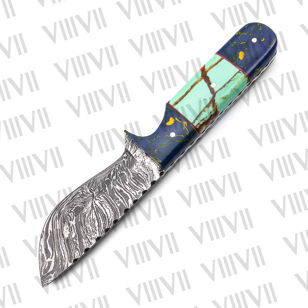 Damascus Steel Hunting Knife – Turquoise Handle | Hand Forged Full Tang Knife for Hunting, Camping & Outdoor Gifts
