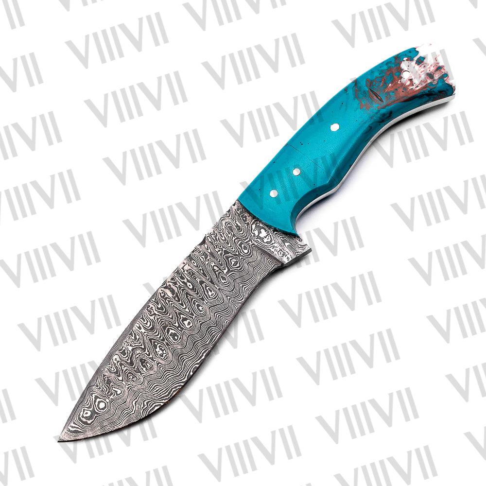 Damascus Steel Hunting Knife – Aqua Blue Resin Handle | Hand Forged Full Tang Outdoor Knife for Camping, Hunting & Gifts