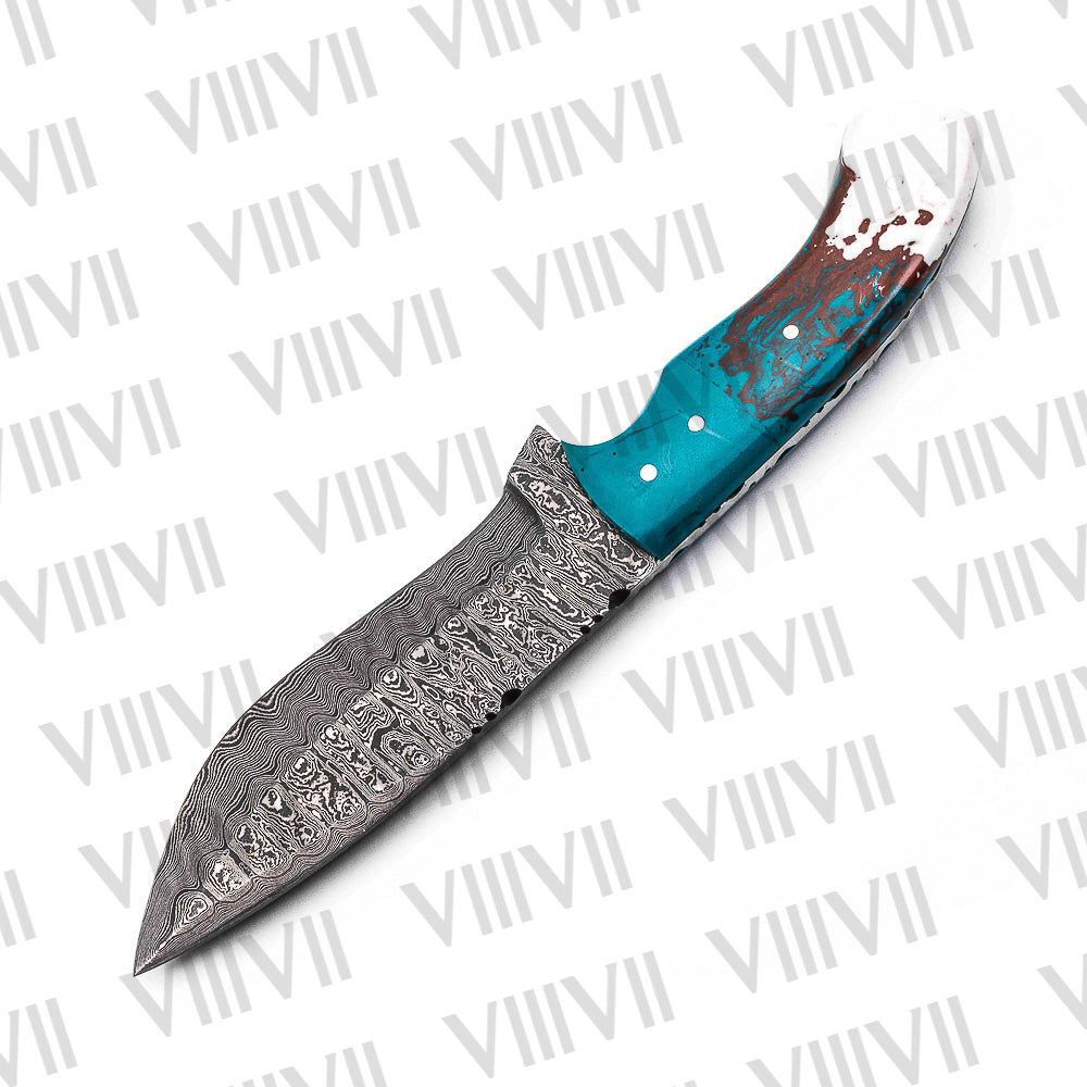Damascus Steel Hunting Knife – Aqua Blue Resin Handle | Hand Forged Full Tang Outdoor Knife for Camping, Hunting & Gifts