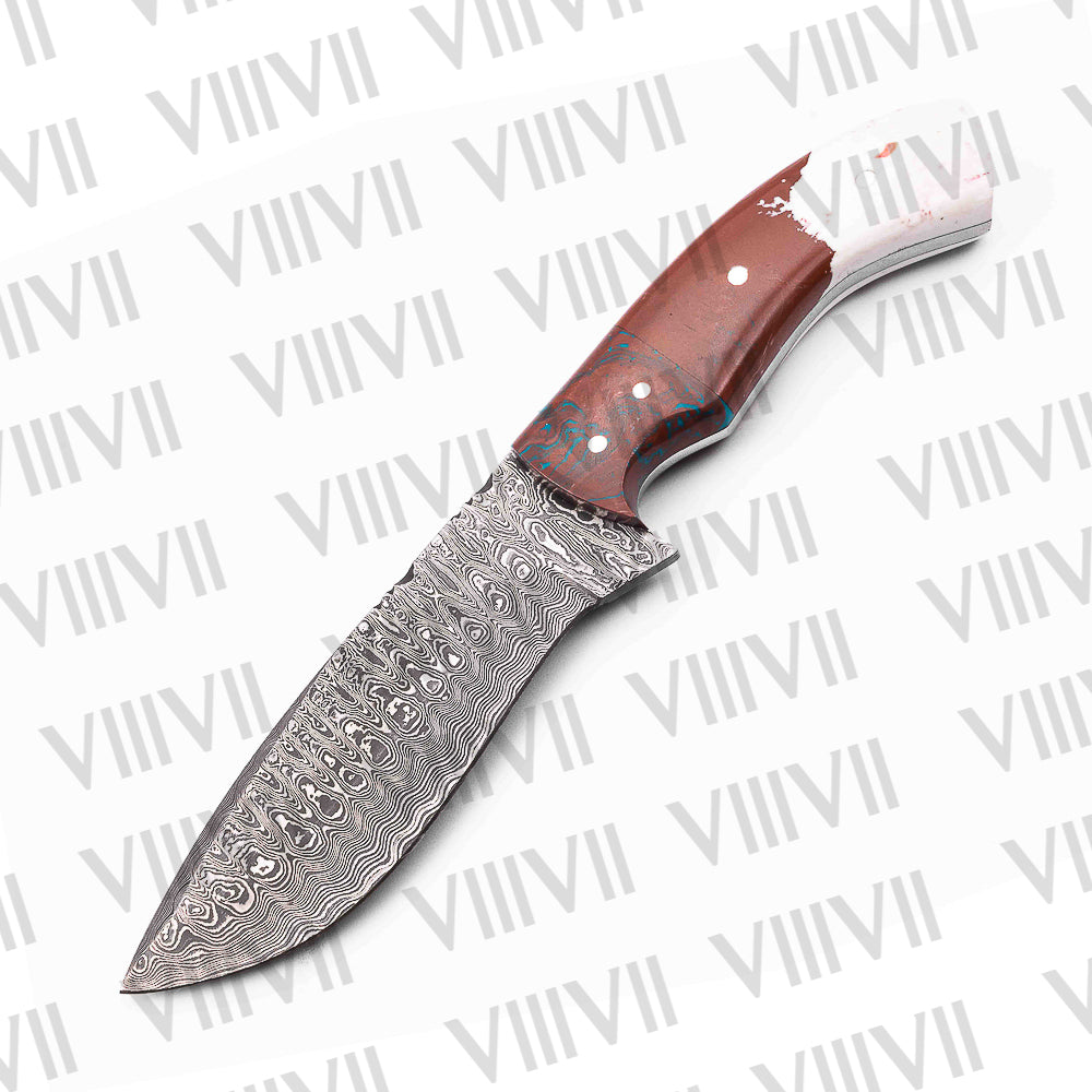 Damascus Steel Hunting Knife – Brown & White Resin Handle | Hand Forged Full Tang Blade for Camping, Survival & Gift
